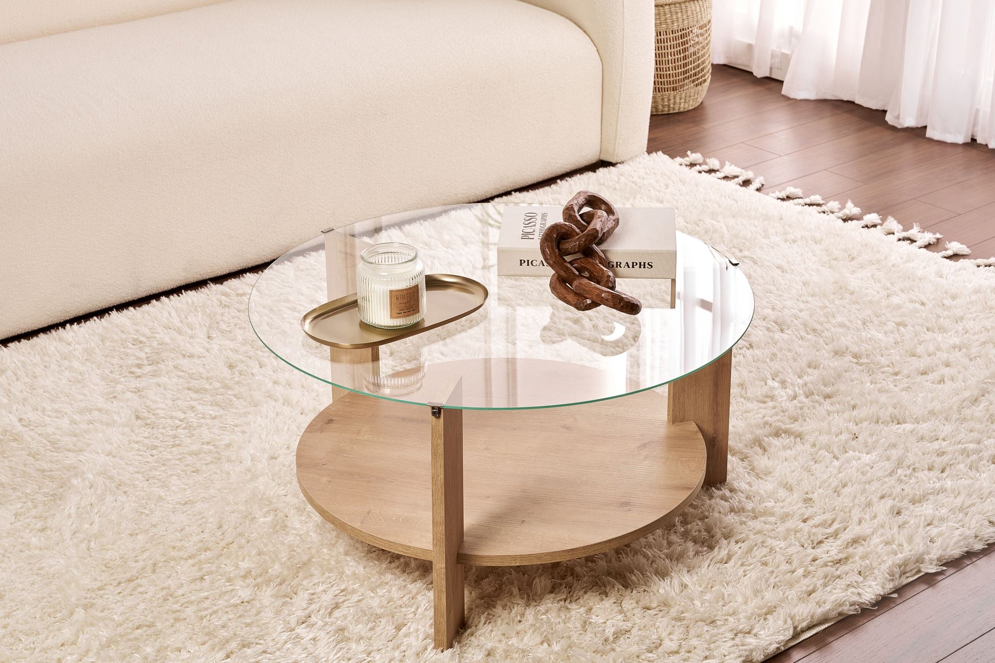 Coffee Table Davira - with Round Glass Top and Wood Finish