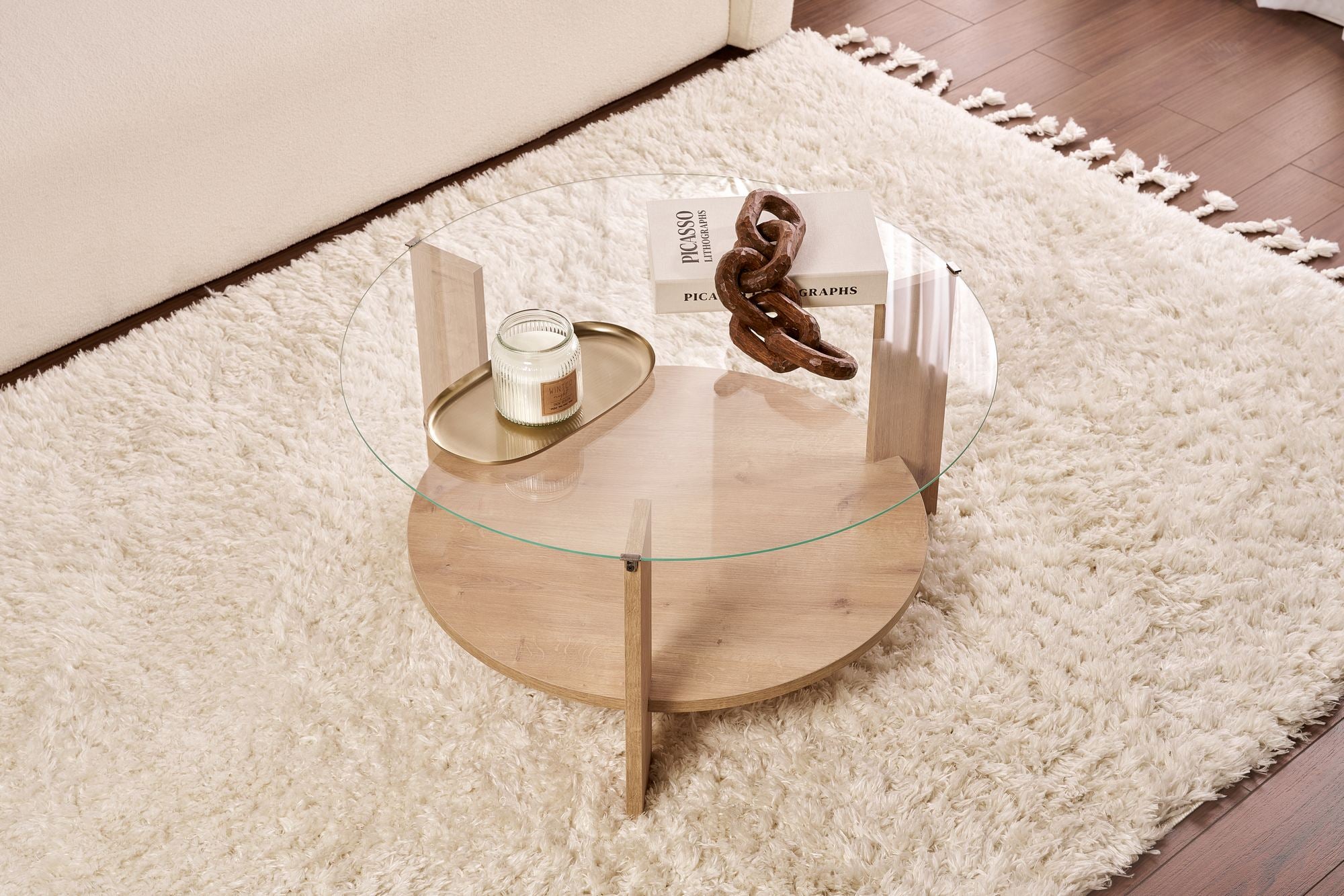 Coffee Table Davira - with Round Glass Top and Wood Finish