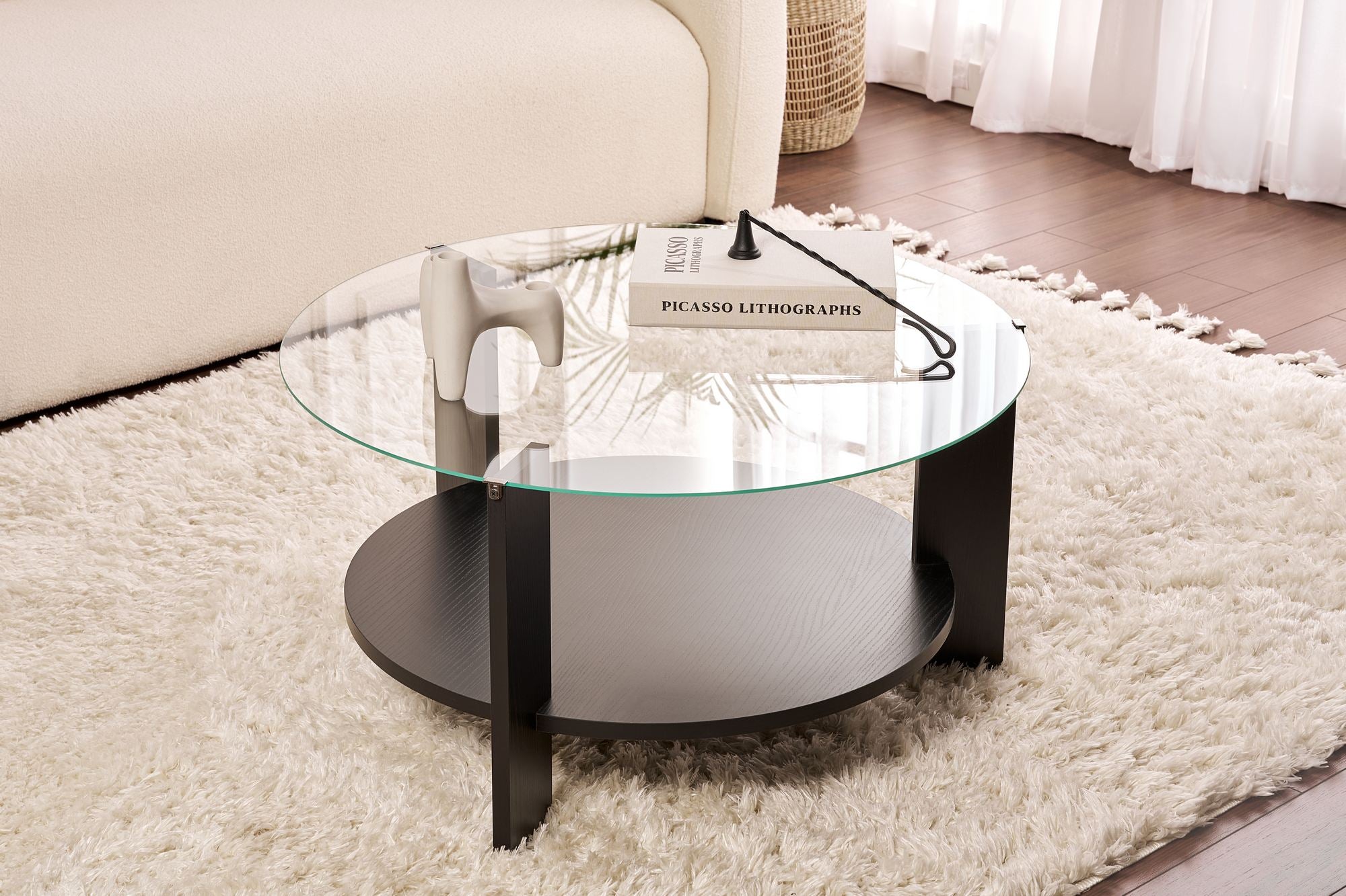 Coffee Table Davira - with Round Glass Top and Wood Finish