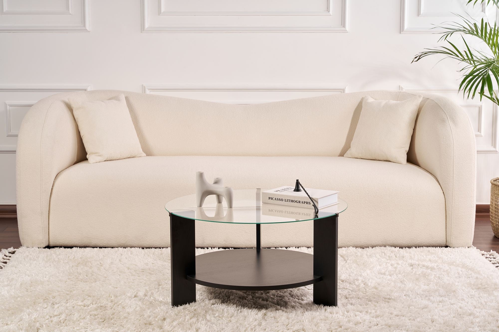 Coffee Table Davira - with Round Glass Top and Wood Finish