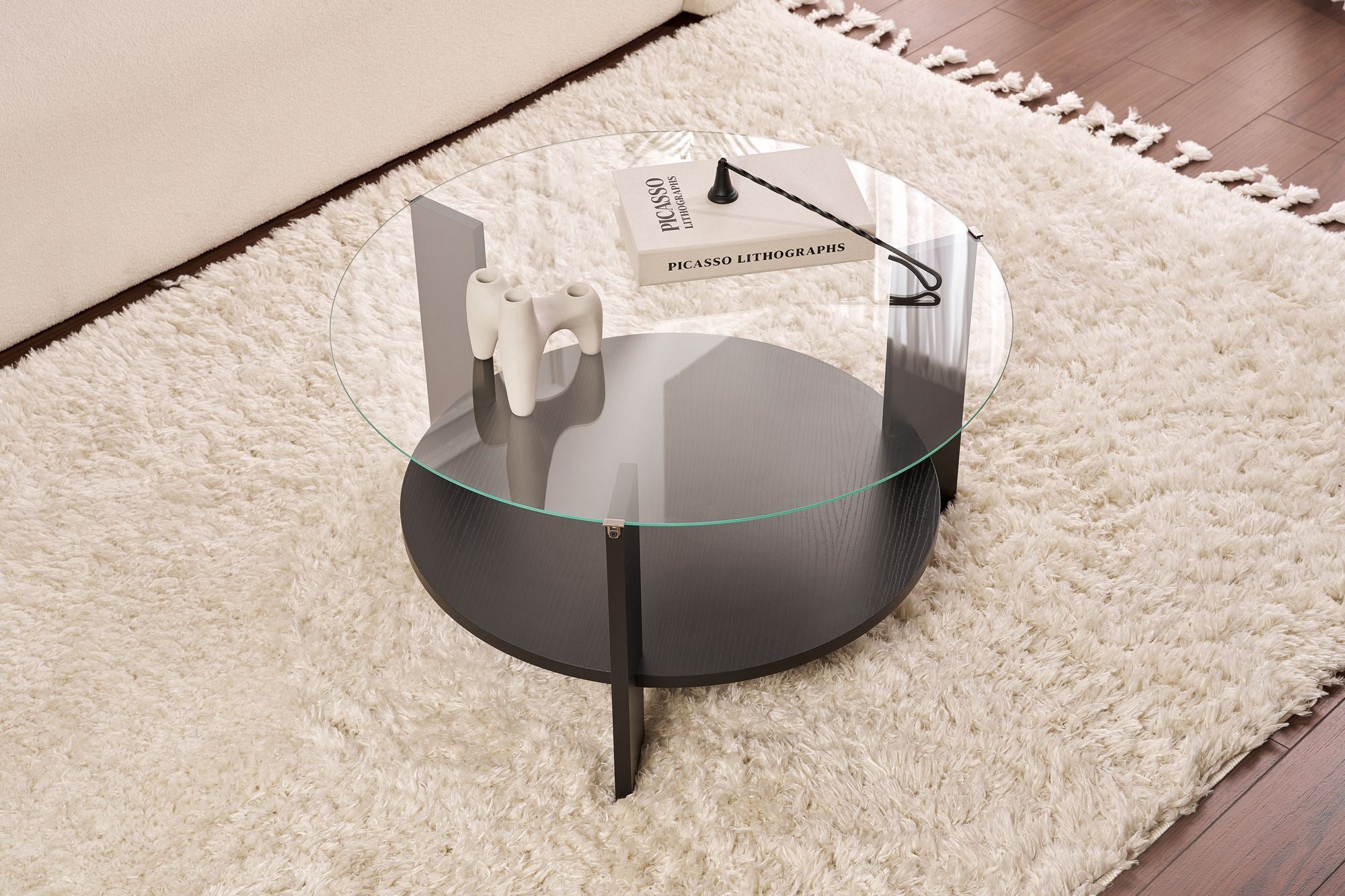 Coffee Table Davira - with Round Glass Top and Wood Finish
