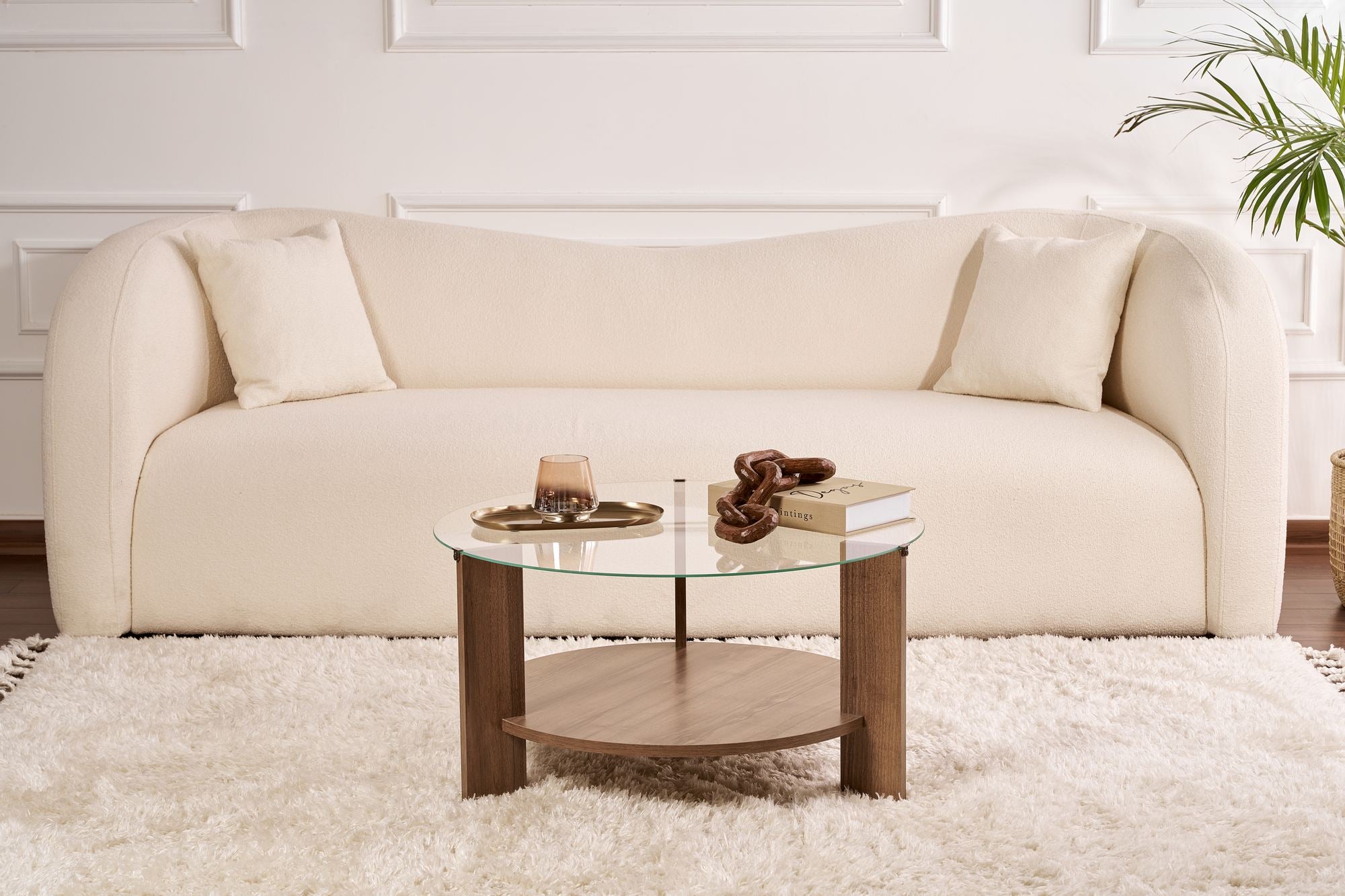 Coffee Table Davira - with Round Glass Top and Wood Finish