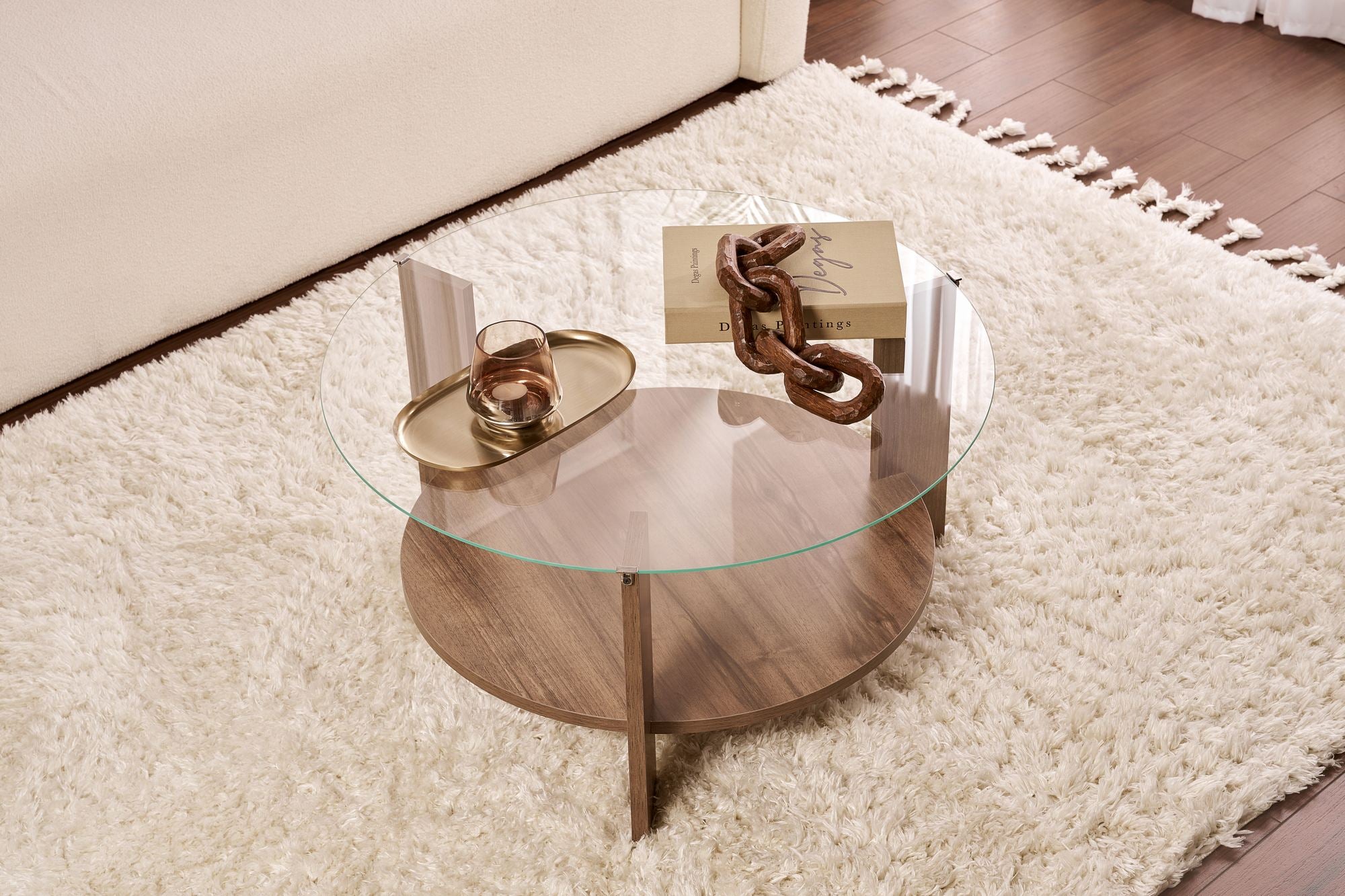 Coffee Table Davira - with Round Glass Top and Wood Finish
