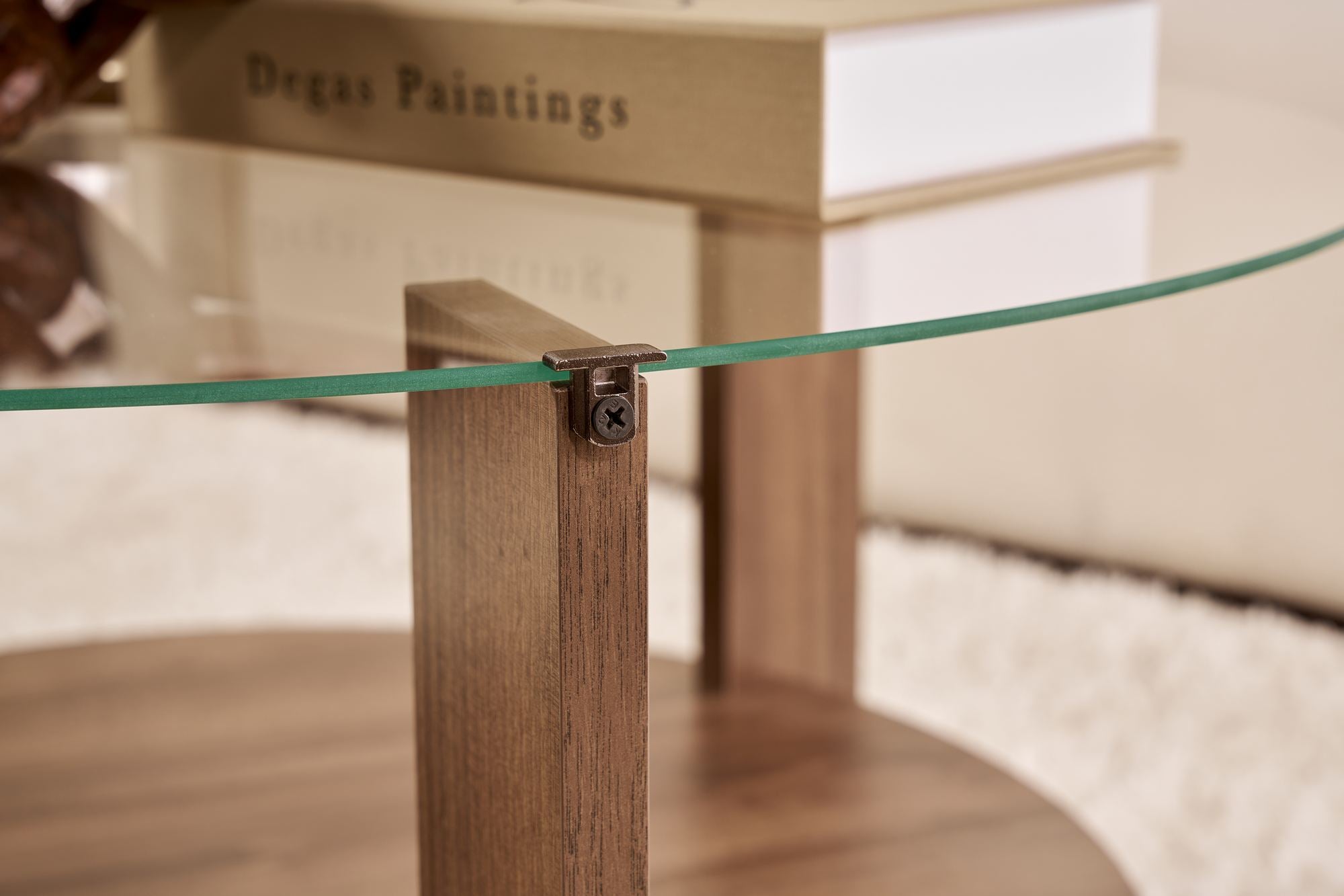 Coffee Table Davira - with Round Glass Top and Wood Finish