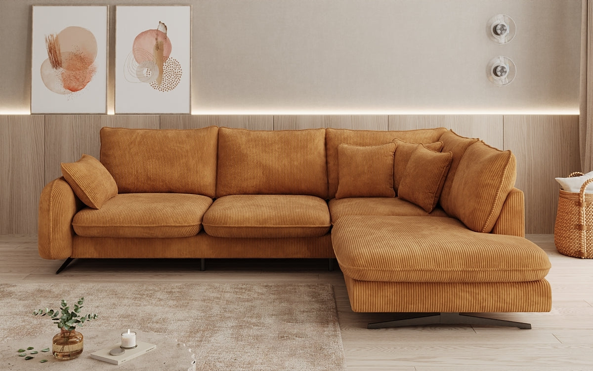 Designer corner sofa Laguna with metal feet in Corduroy