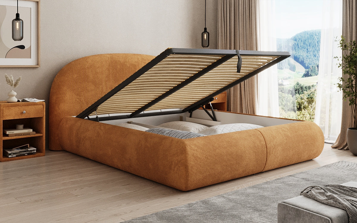 Designer upholstered bed Loop in Corduroy with storage space