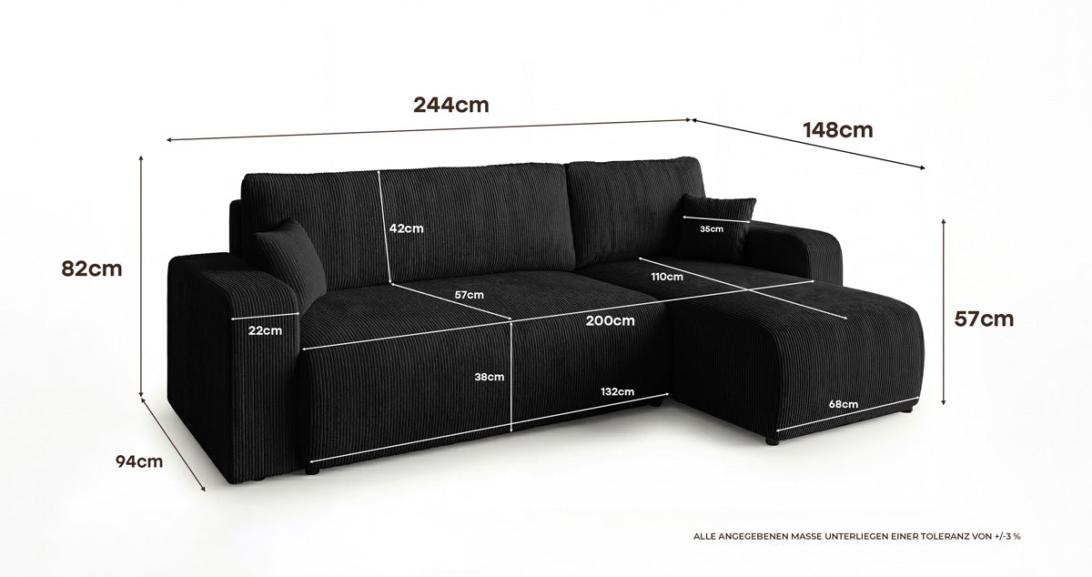 Designer Sofa Calva mit Schlaf- und Klappfunktion in Cord