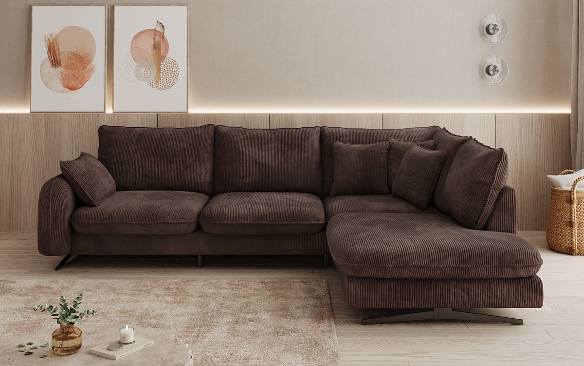 Designer corner sofa Laguna with metal feet in Corduroy