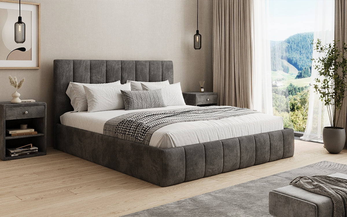 Designer upholstered bed Mila in Corduroy with storage