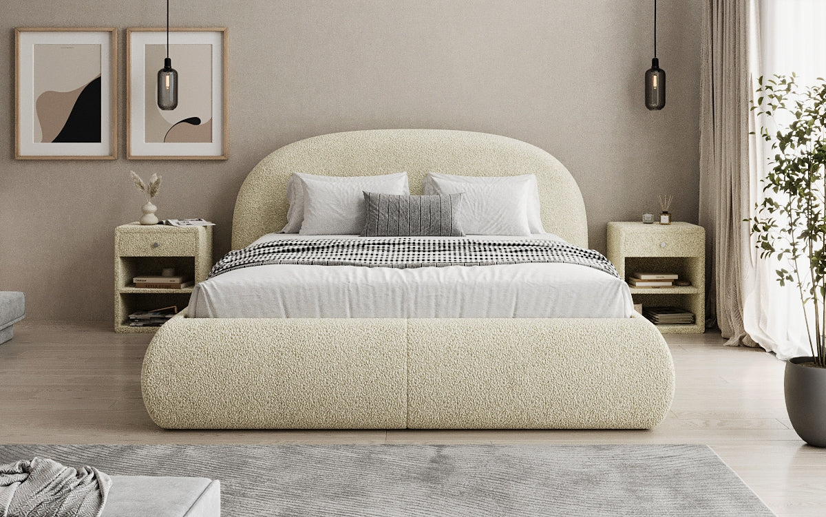 Designer upholstered bed Loop in teddy bouclé with storage space