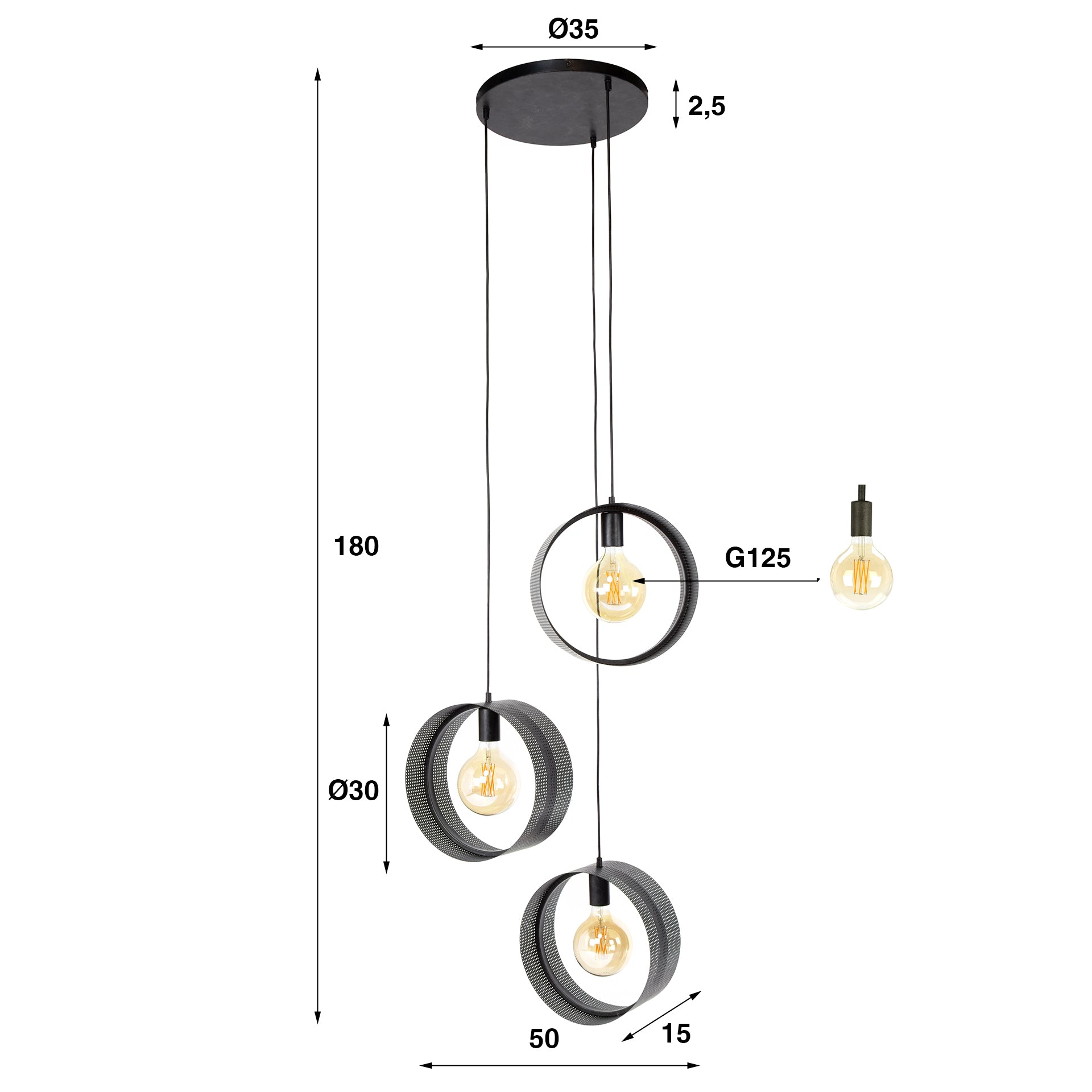 Pendant lamp "Sorelia" – tiered with 3 lights and perforated ring lampshades in Anthracite