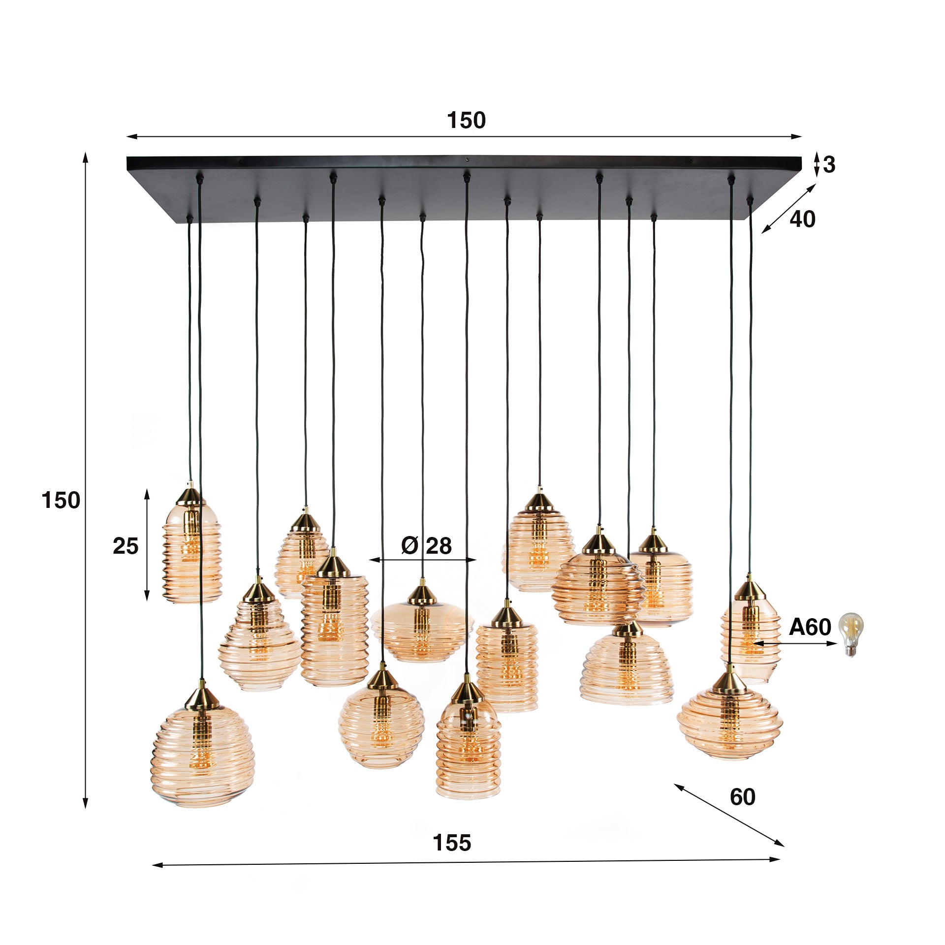 Pendant Light "Solaro" – with 15 Lights in Rib Glass Design and Amber Color