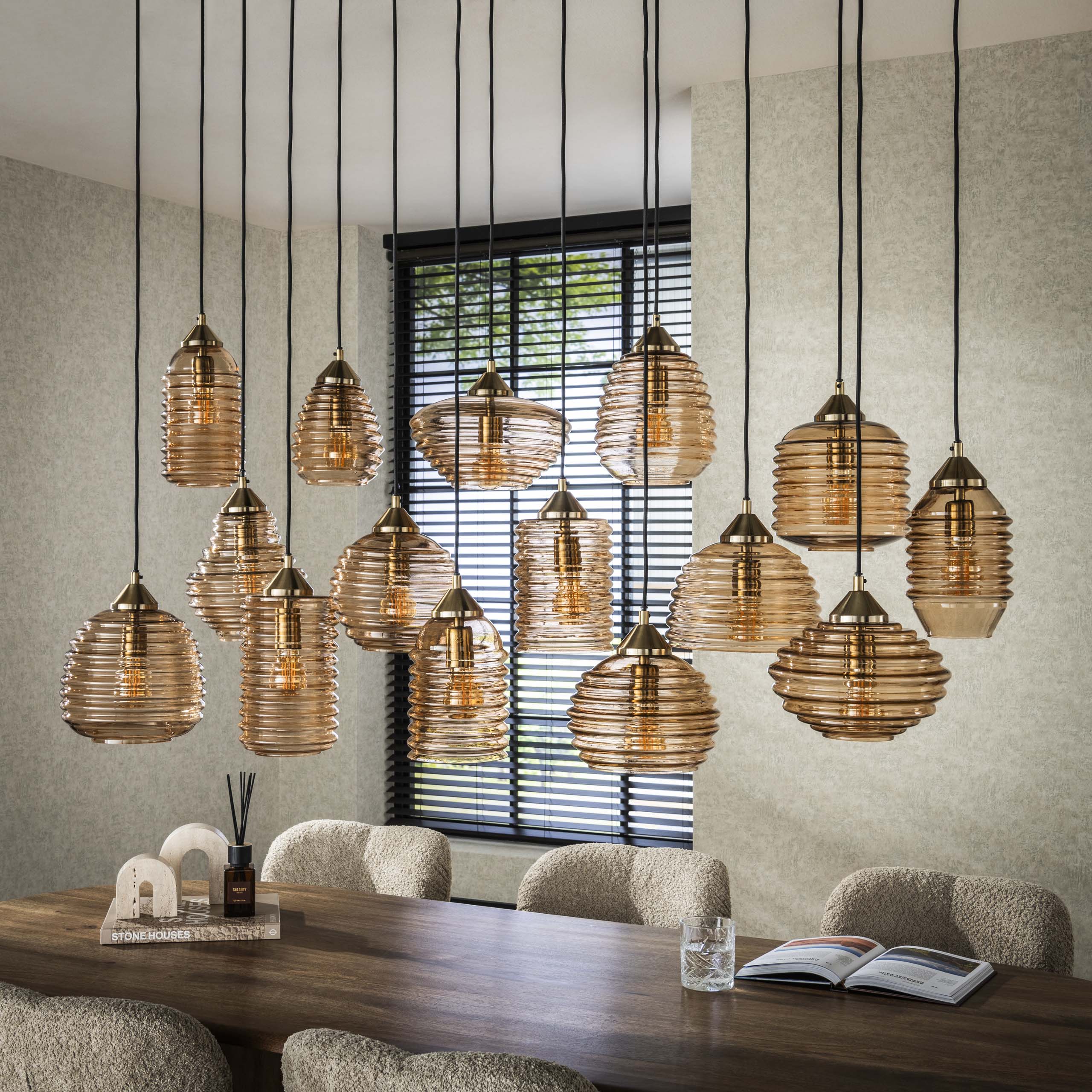 Pendant Light "Solaro" – with 15 Lights in Rib Glass Design and Amber Color