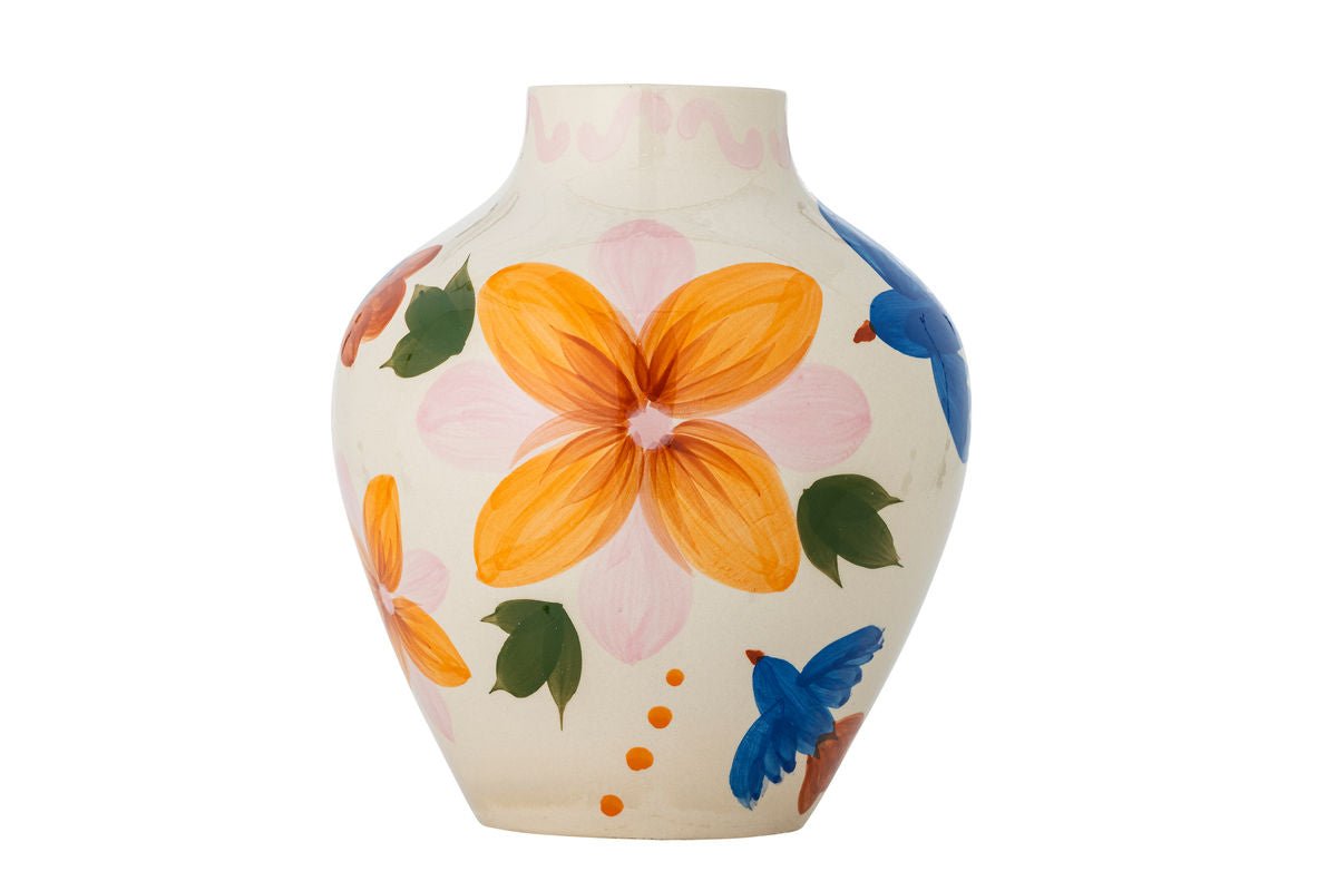 Vase Mariella – handbemalte Steingutvase in Bunt mit Vogelmotiv