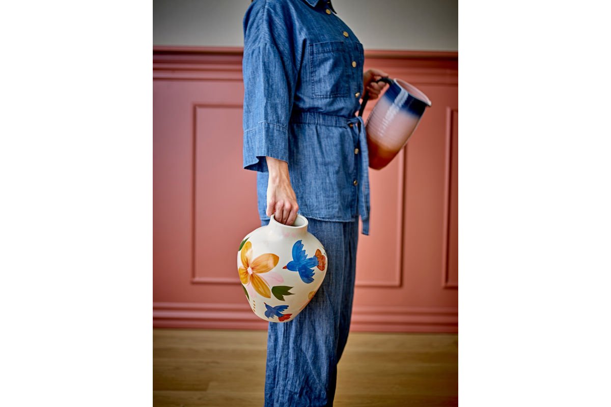 Vase Mariella – handbemalte Steingutvase in Bunt mit Vogelmotiv