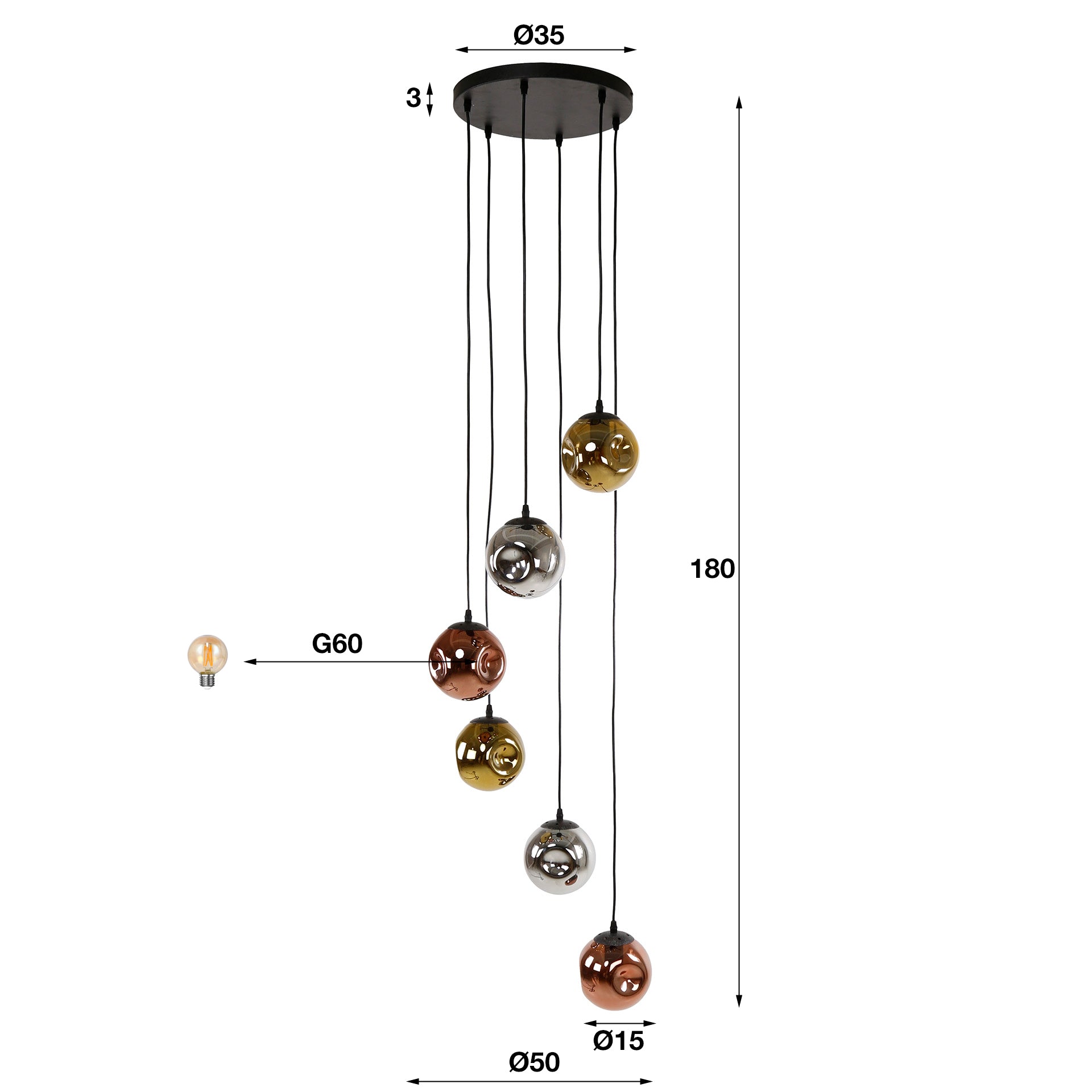 Pendant Light "Seraphis" – 6-tiered Lights in the Metal Color Combination Gold, Copper, and Chrome