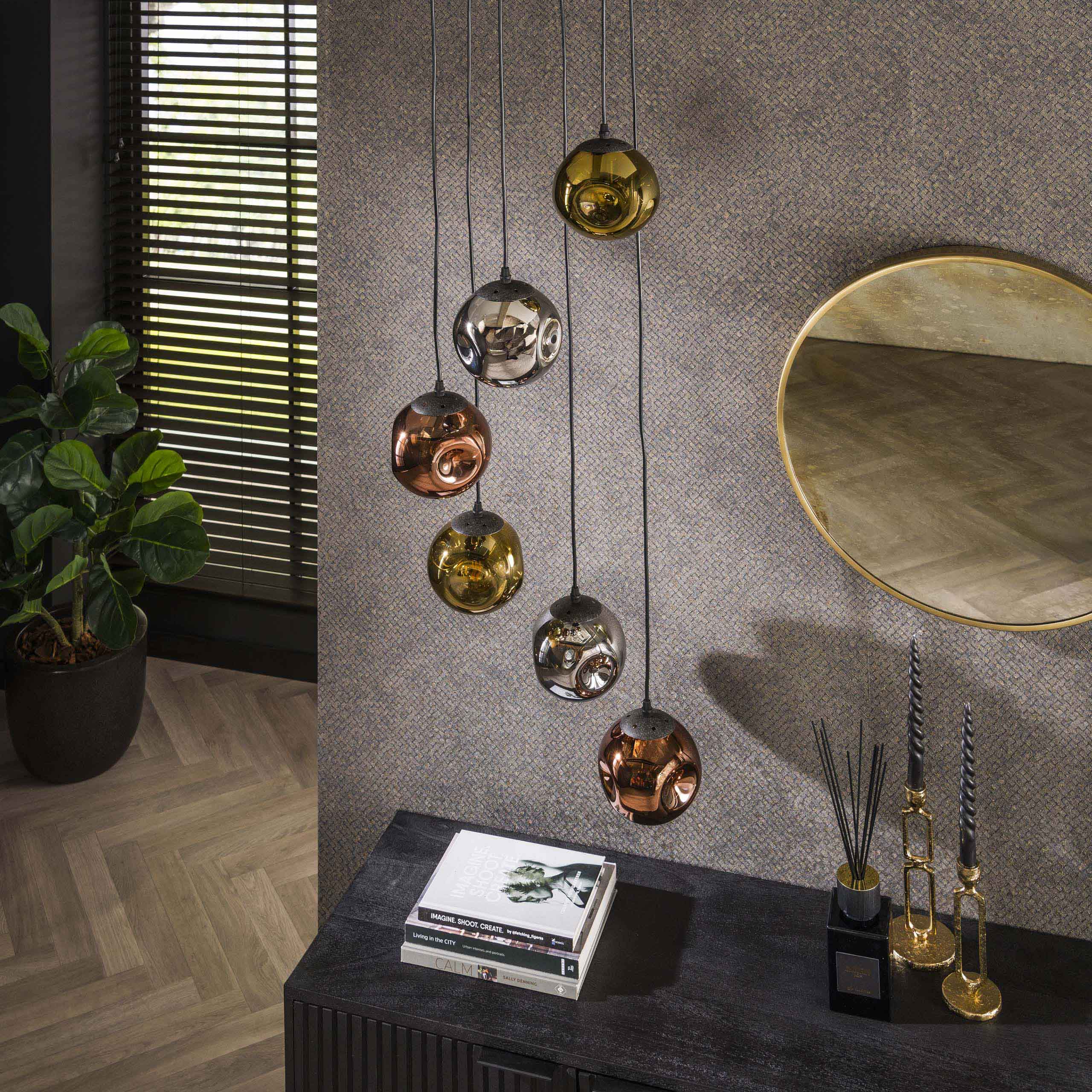 Pendant Light "Seraphis" – 6-tiered Lights in the Metal Color Combination Gold, Copper, and Chrome