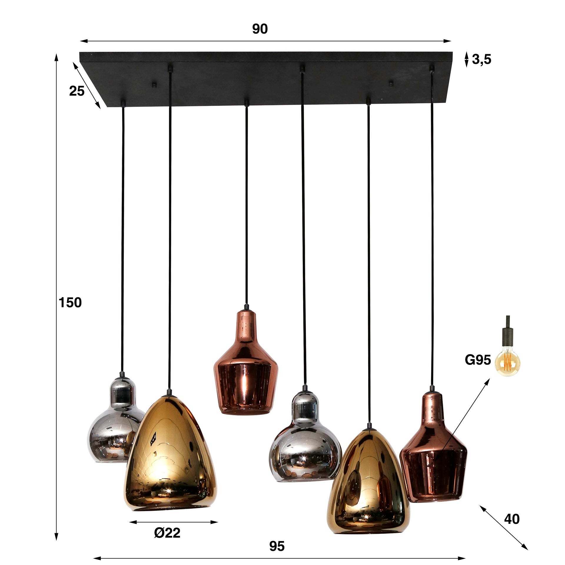 Pendant Light "Arvella" – 6 Lights in Gold, Copper, and Chrome in Various Shapes