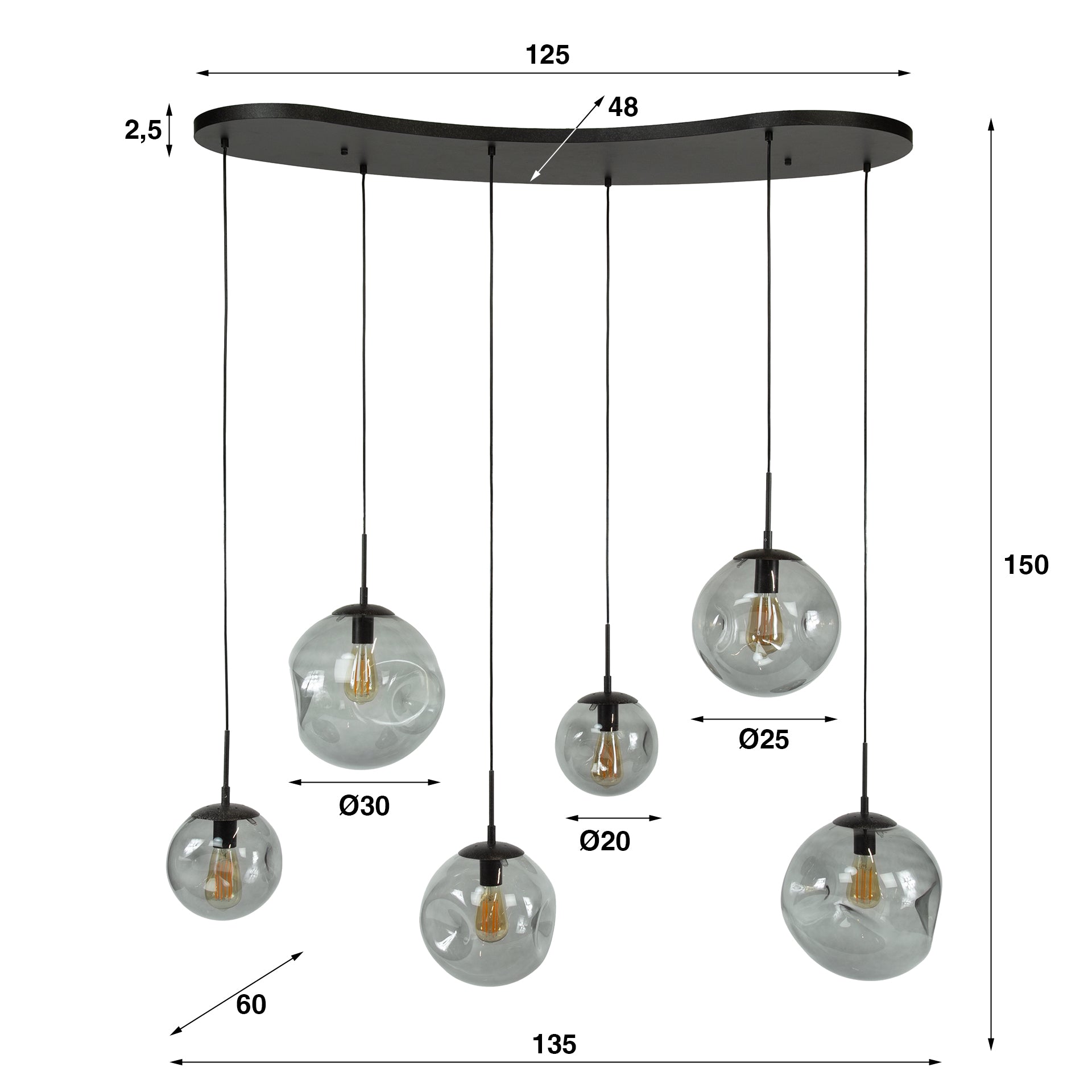 Pendant Light "Zephyra" – 6 Lights in Smoky Glass Design with Organic Ceiling Base