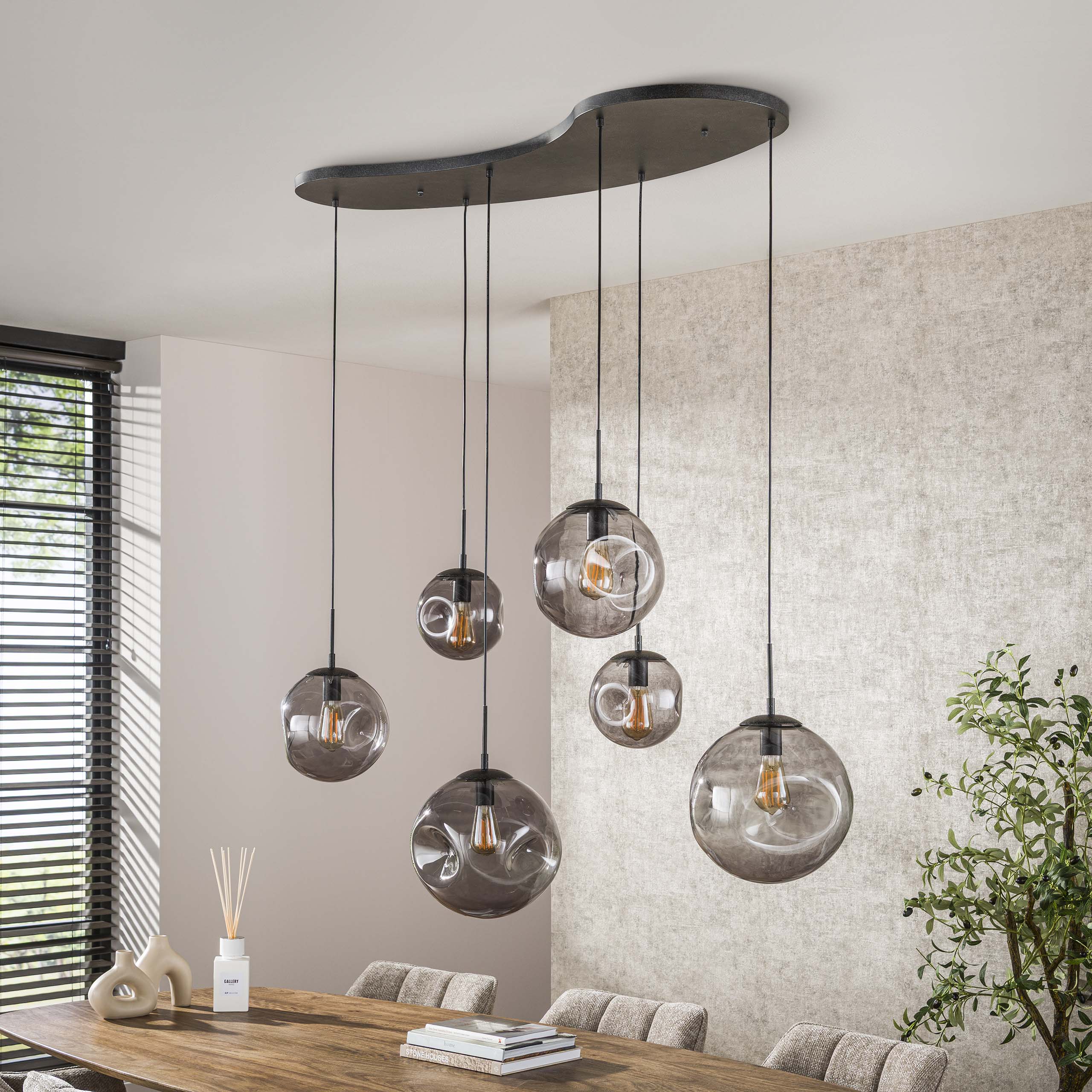 Pendant Light "Zephyra" – 6 Lights in Smoky Glass Design with Organic Ceiling Base