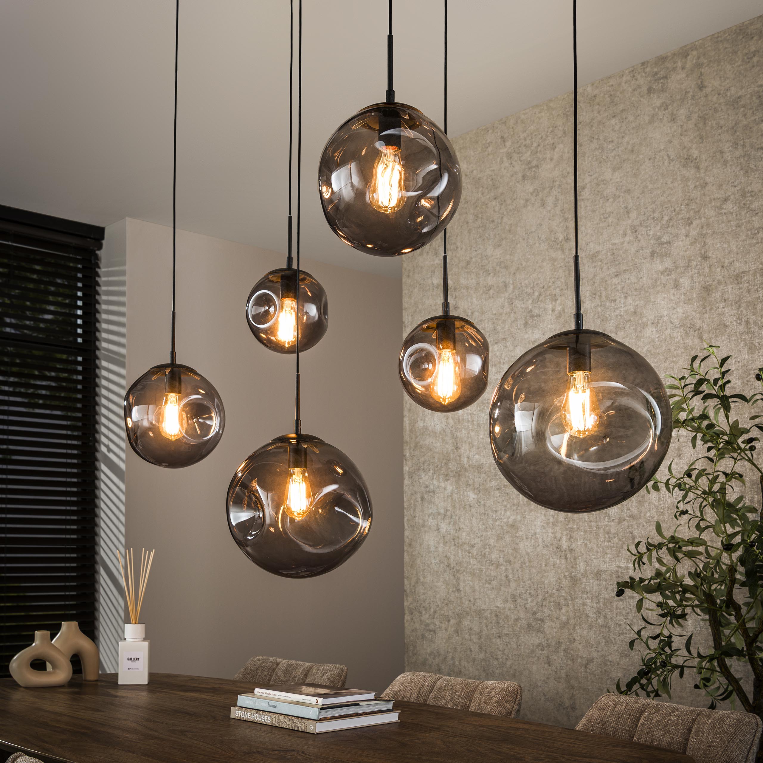 Pendant Light "Zephyra" – 6 Lights in Smoky Glass Design with Organic Ceiling Base