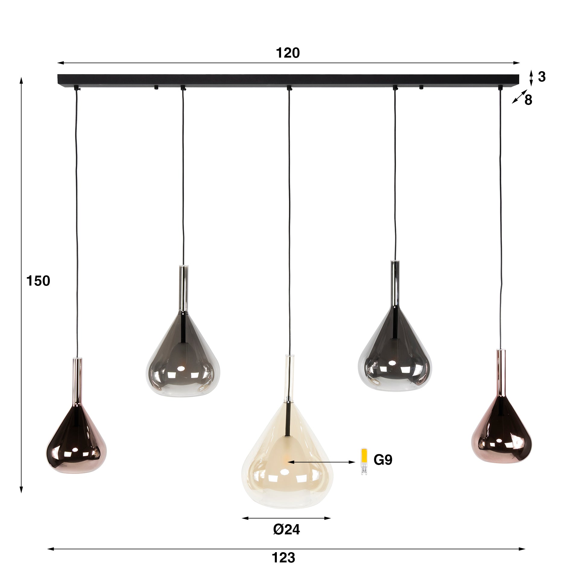 Pendant Light "Lysandra" – 5 Teardrop-Shaped Glass Shades in Amber, Copper, and Chrome