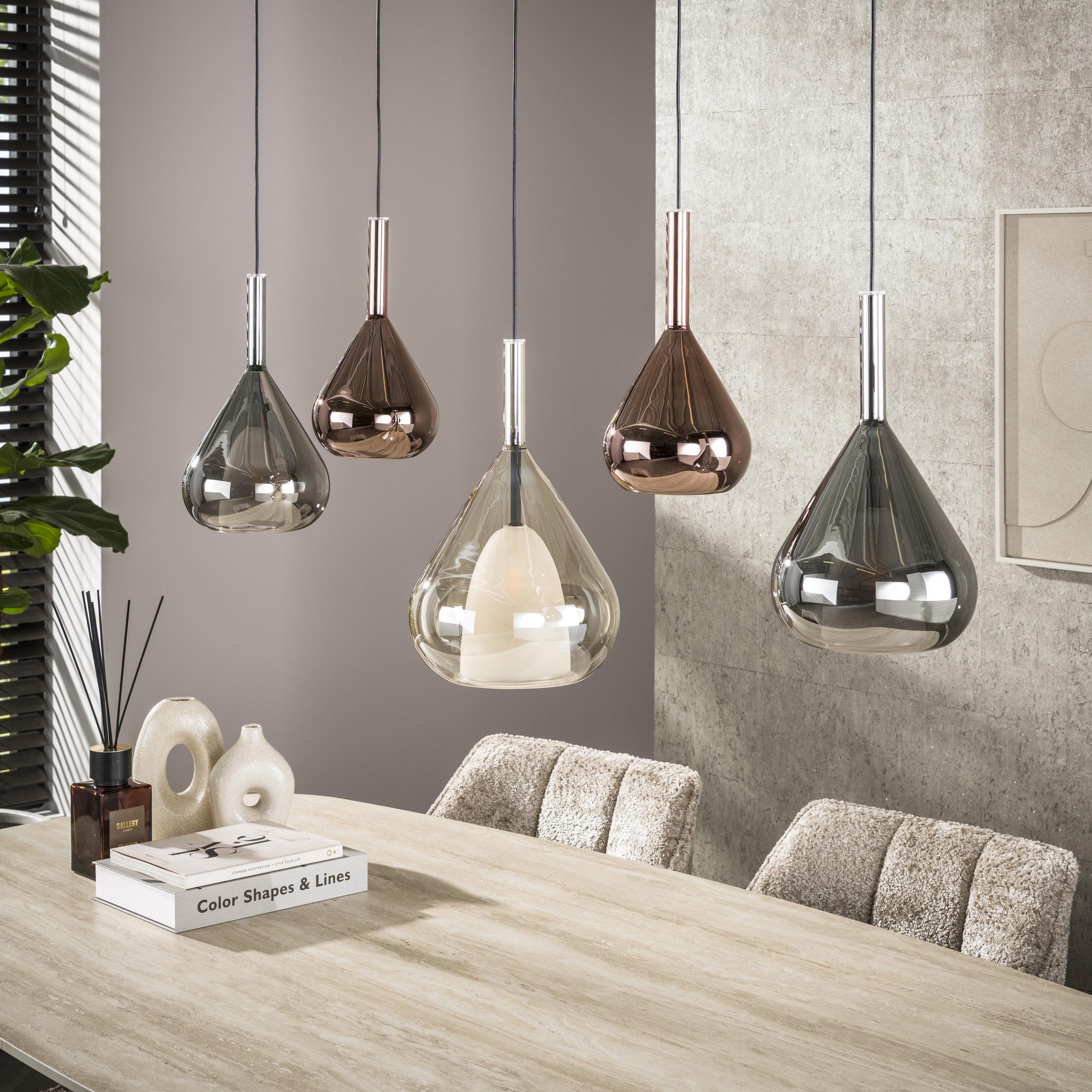 Pendant Light "Lysandra" – 5 Teardrop-Shaped Glass Shades in Amber, Copper, and Chrome