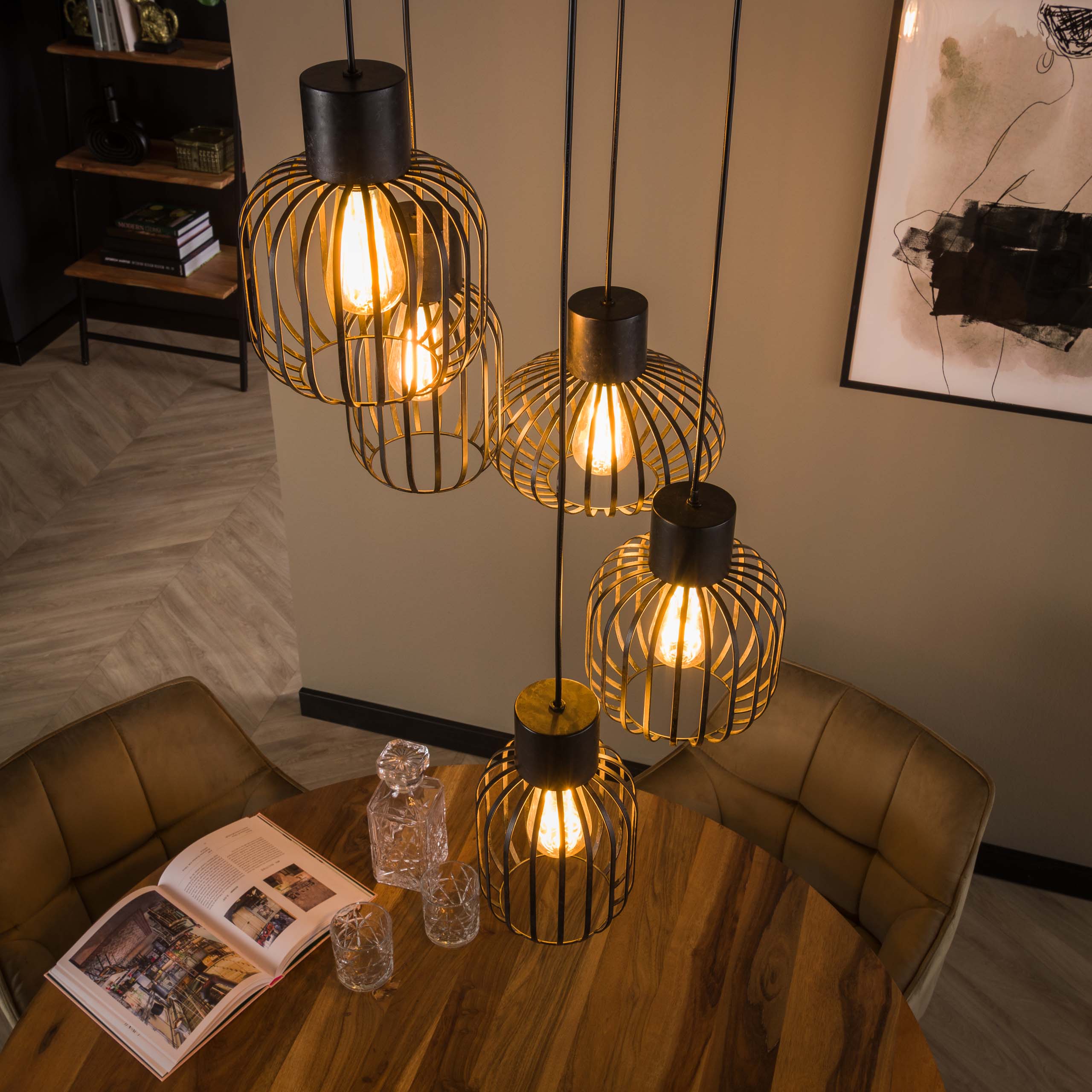 Pendant Light "Valeris" – Tiered with 5 Lights made of Anthracite-Colored Metal Mesh