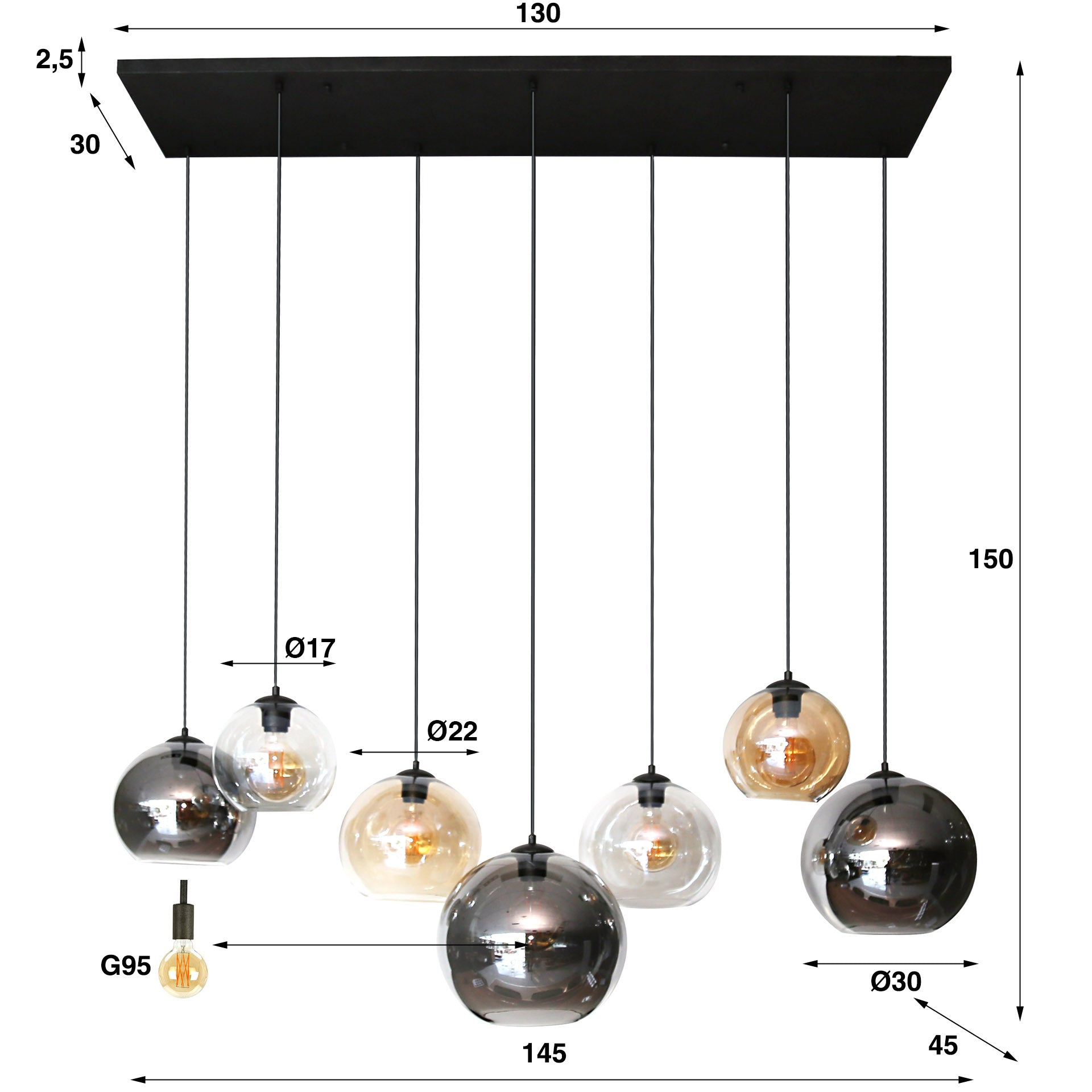Pendant Lamp "Olivara" – 7 Spherical Glass Shades in Amber, Chrome, and Light Gray