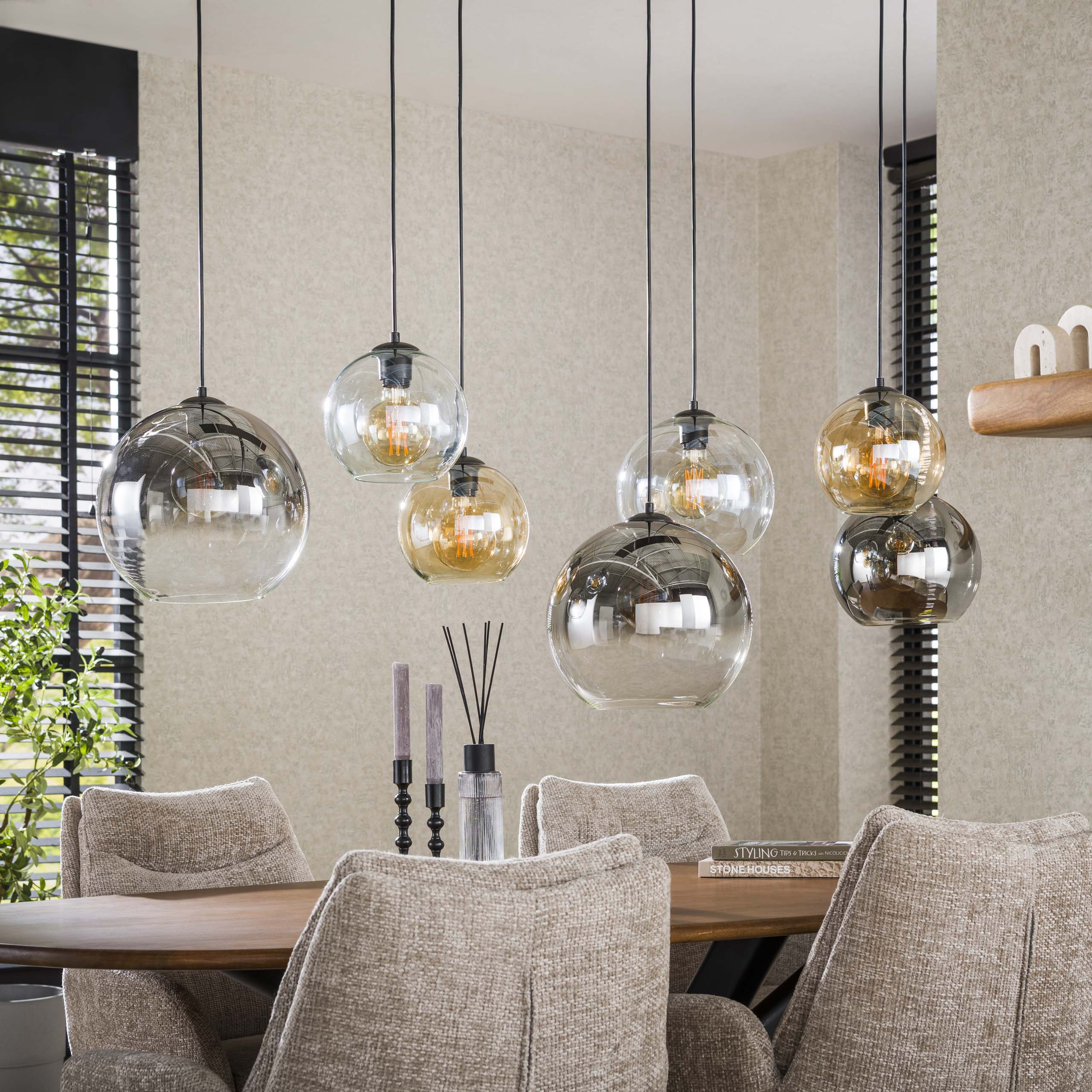 Pendant Lamp "Olivara" – 7 Spherical Glass Shades in Amber, Chrome, and Light Gray