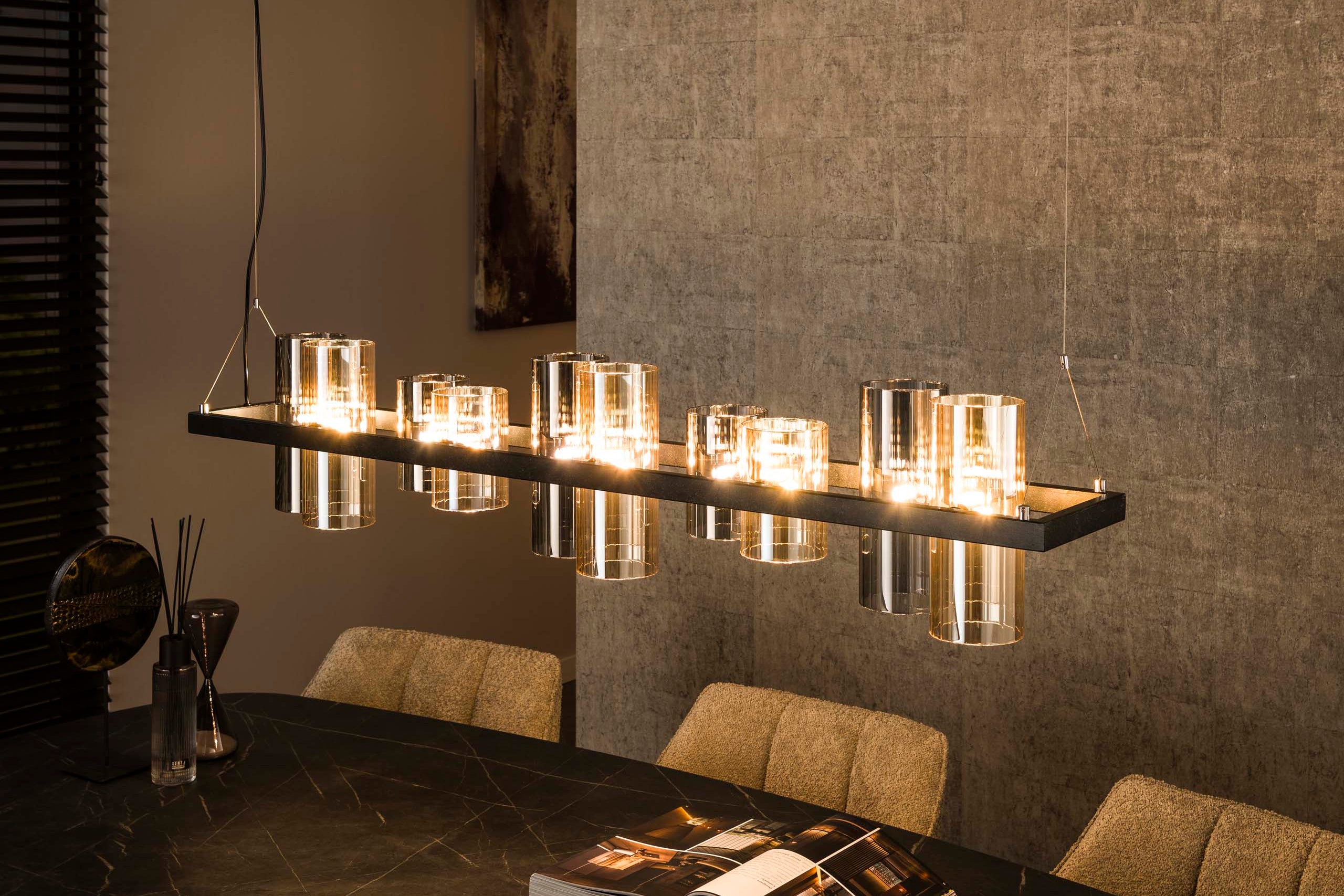 Pendant Light "Calivon" – 10 Cylindrical Glass Shades in Amber and Chrome Finish