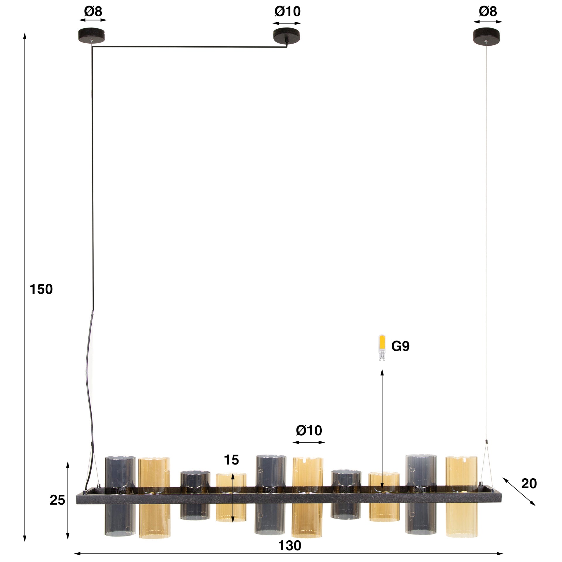 Pendant Light "Calivon" – 10 Cylindrical Glass Shades in Amber and Chrome Finish