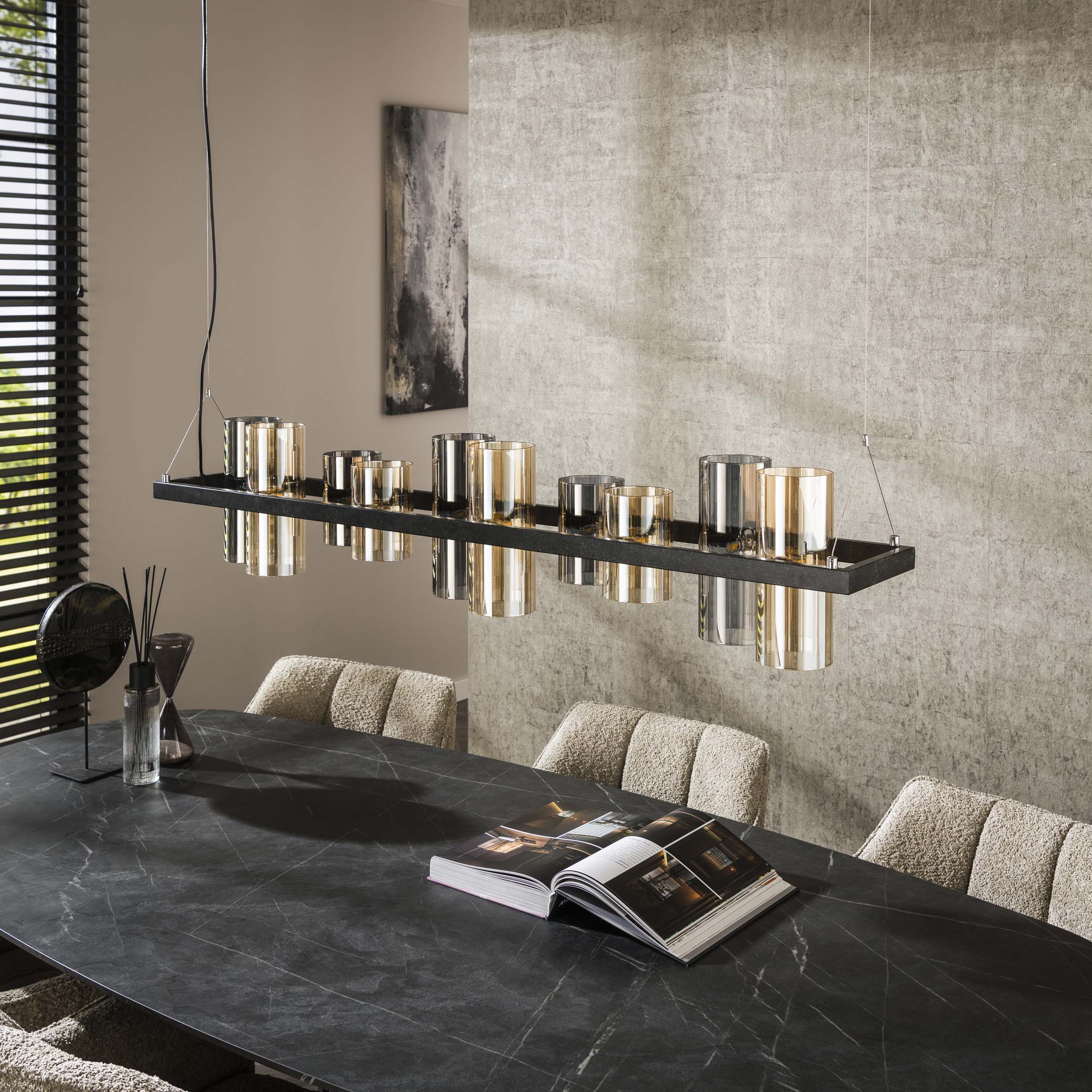 Pendant Light "Calivon" – 10 Cylindrical Glass Shades in Amber and Chrome Finish