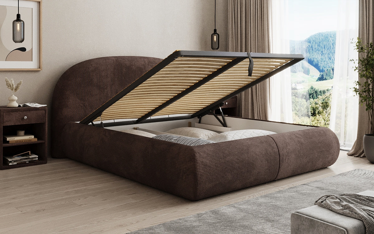 Designer upholstered bed Loop in Corduroy with storage space