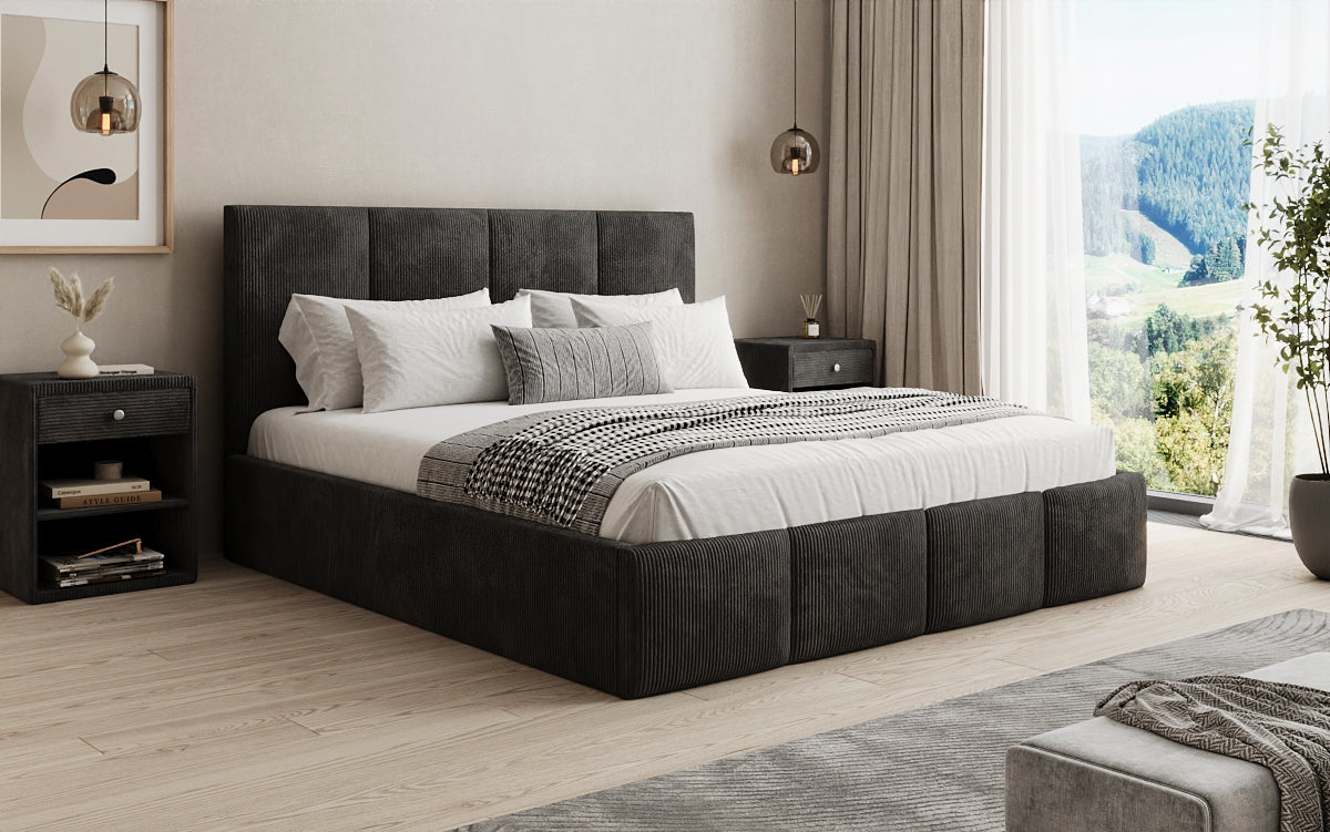 Designer upholstered bed Mina in Corduroy with storage space