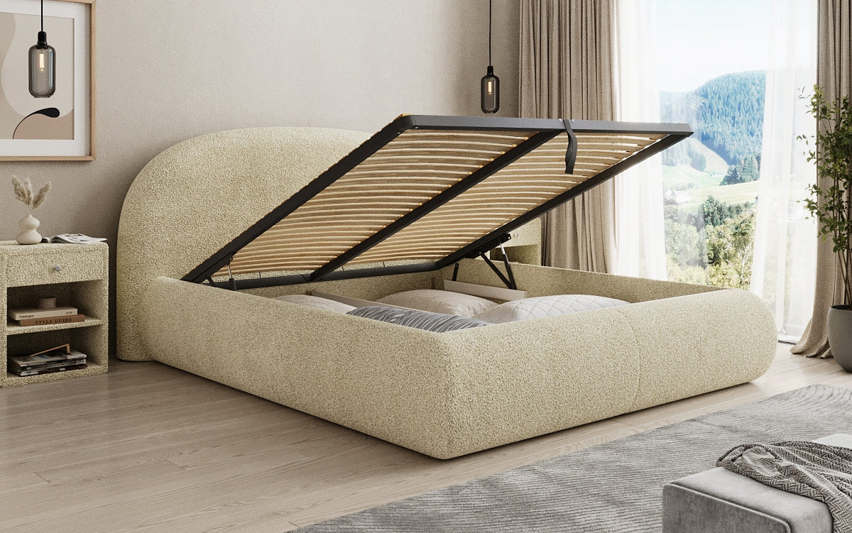 Designer upholstered bed Loop in teddy bouclé with storage space