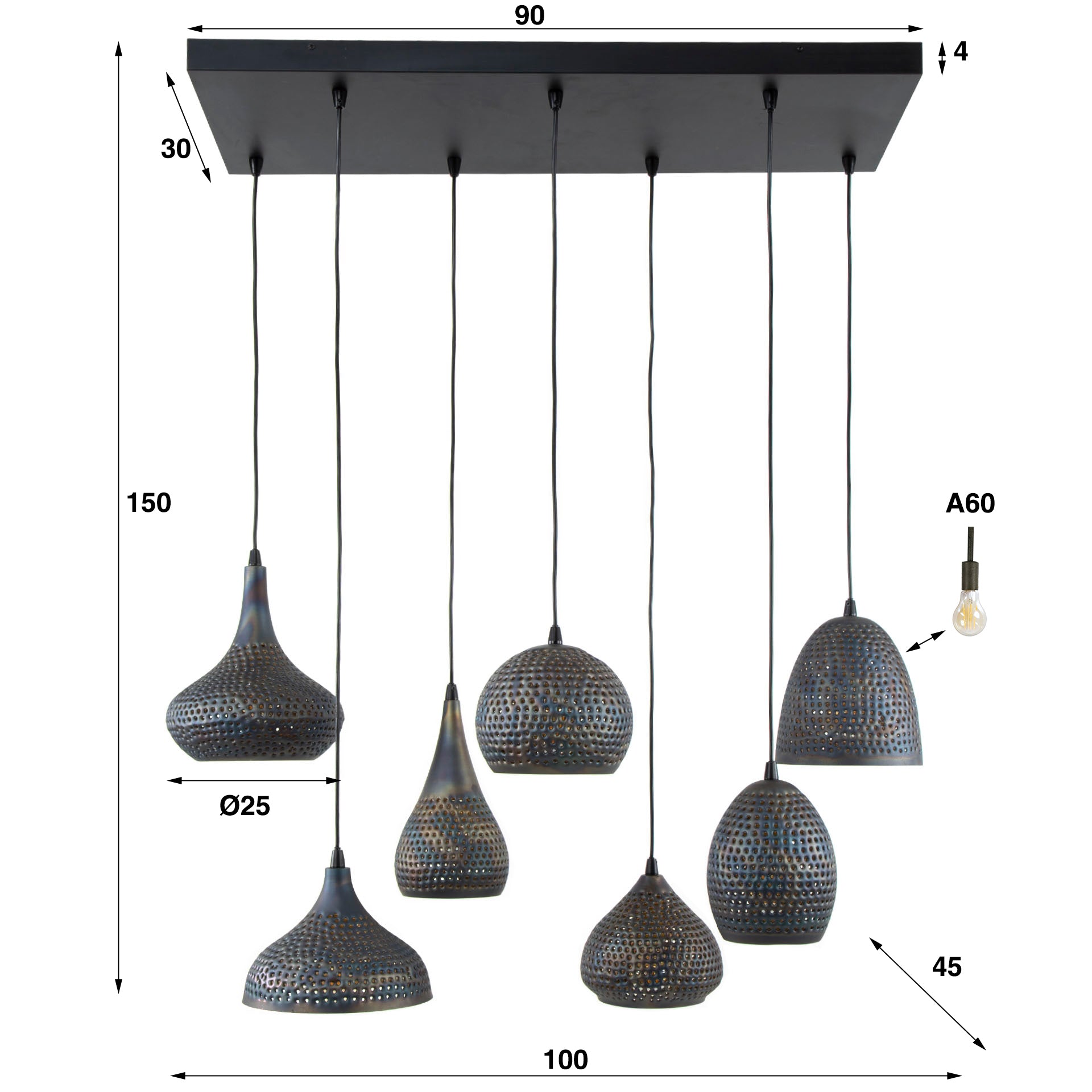 Pendant Lamp "Lioris" – With 7 Individual Metal Lampshades in Black-Bronze