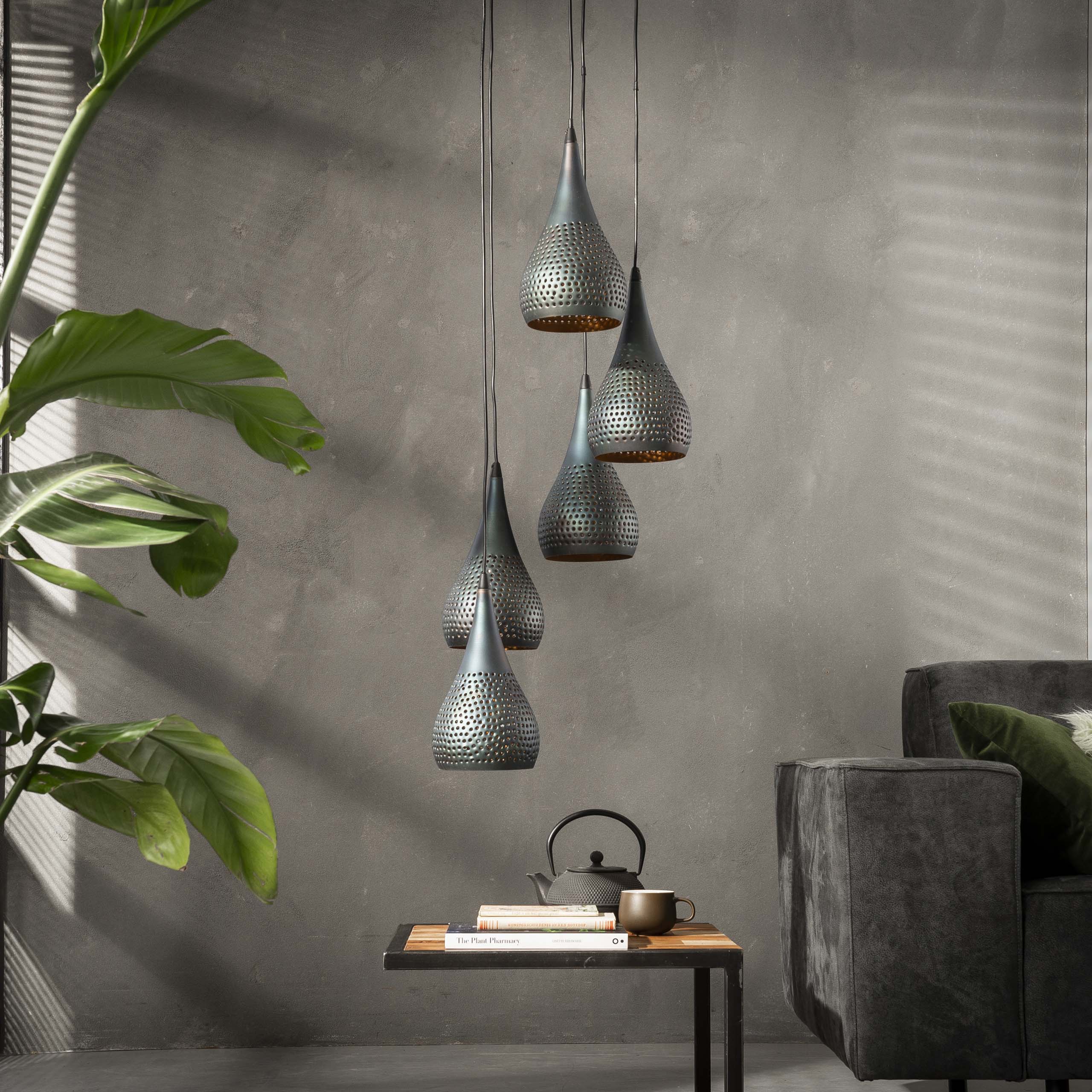 Pendant Lamp "Calira" – Tiered with 5 Perforated Metal Lampshades in Black-Bronze