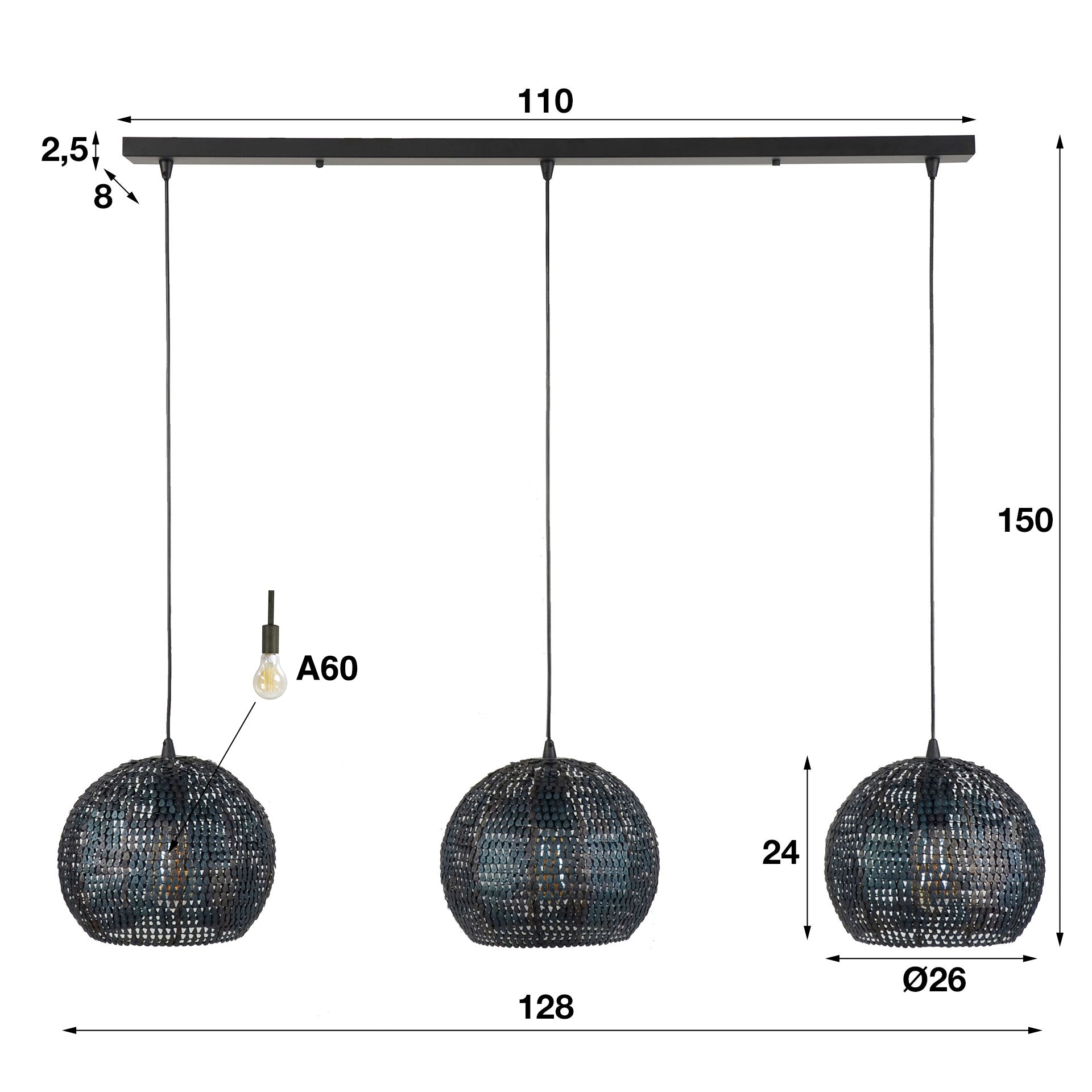 Pendant Lamp "Coralis" – With 3 Round, Handcrafted Metal Lampshades in Black-Bronze
