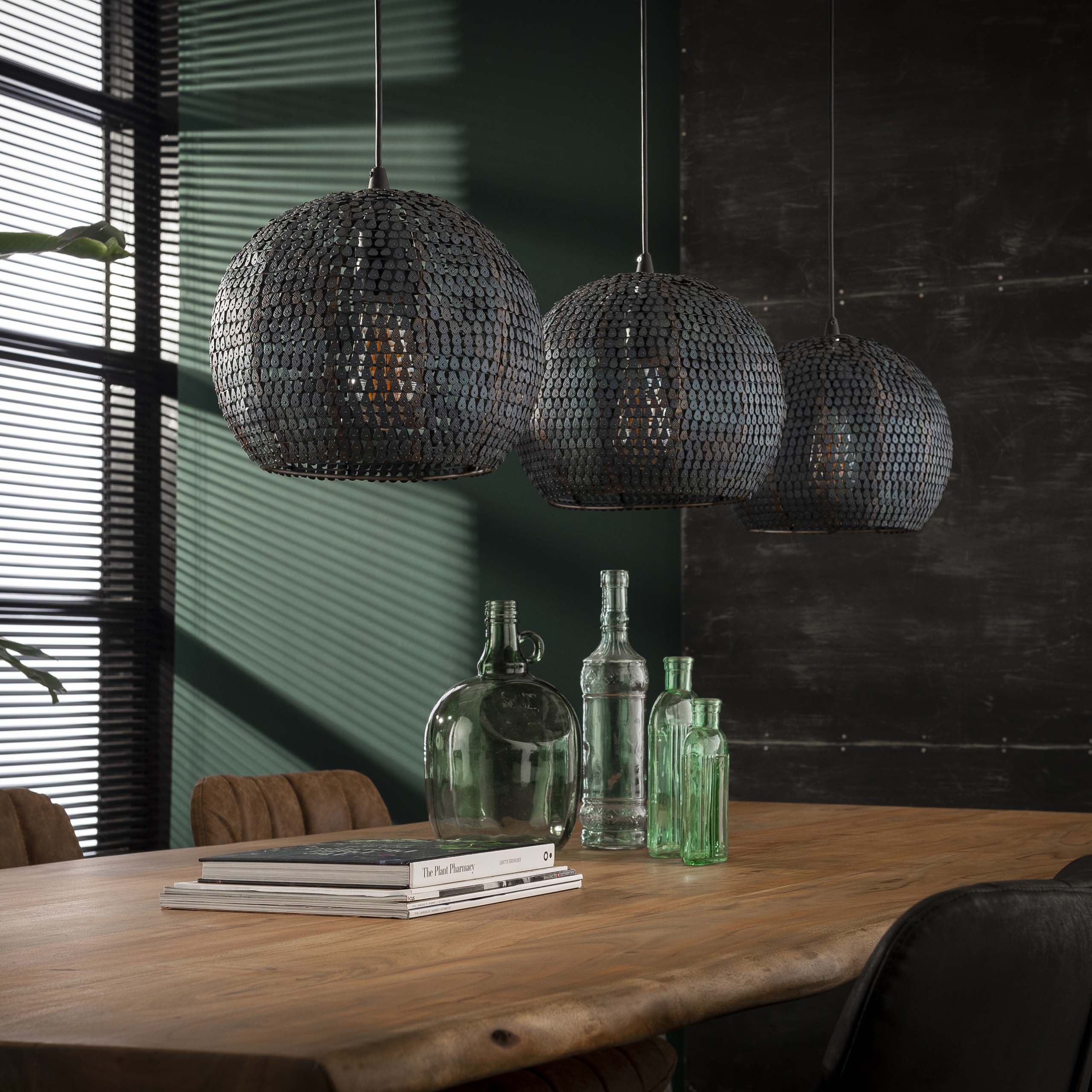Pendant Lamp "Coralis" – With 3 Round, Handcrafted Metal Lampshades in Black-Bronze