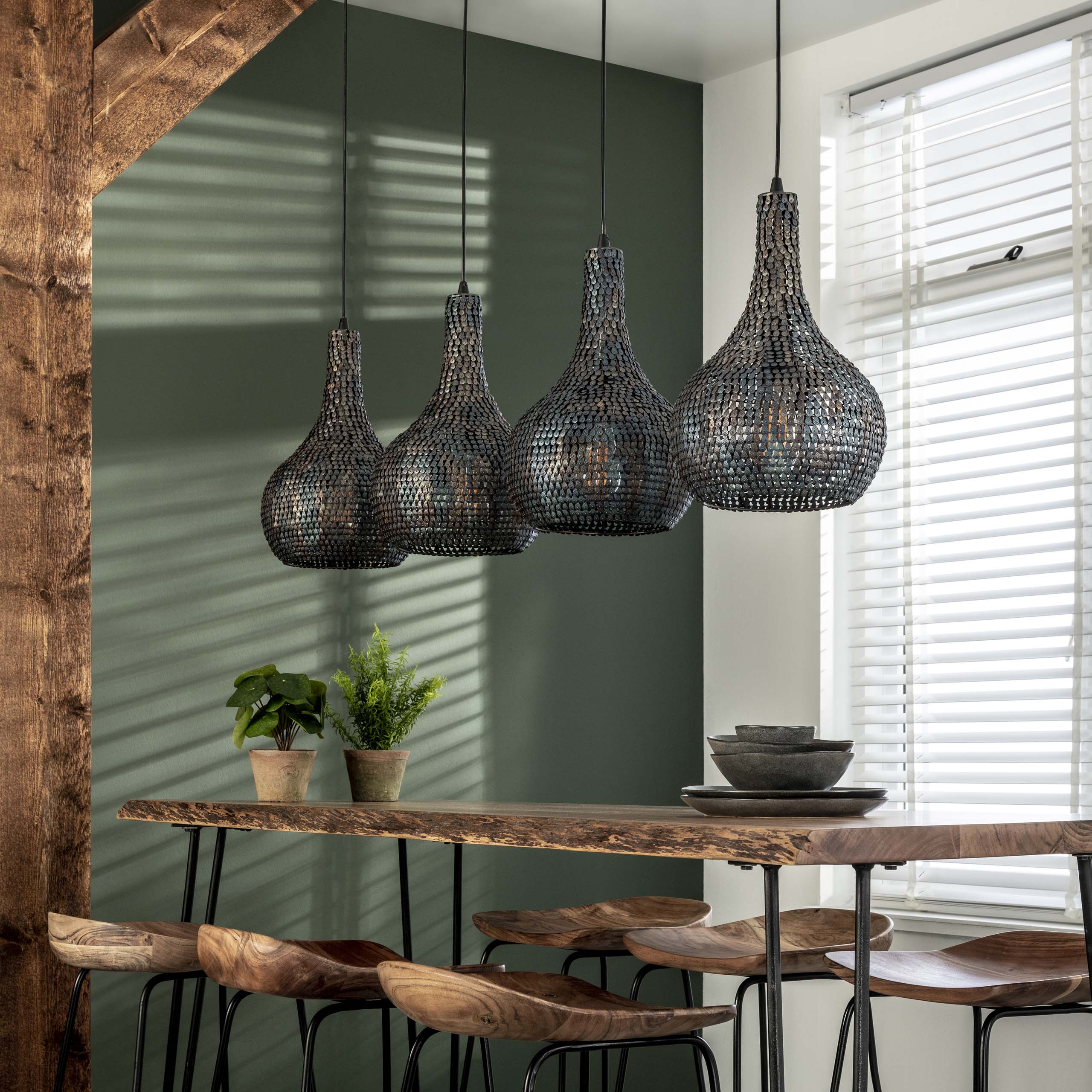Pendant Lamp "Elviro" – With 4 Conical, Handcrafted Metal Lampshades in Black-Bronze