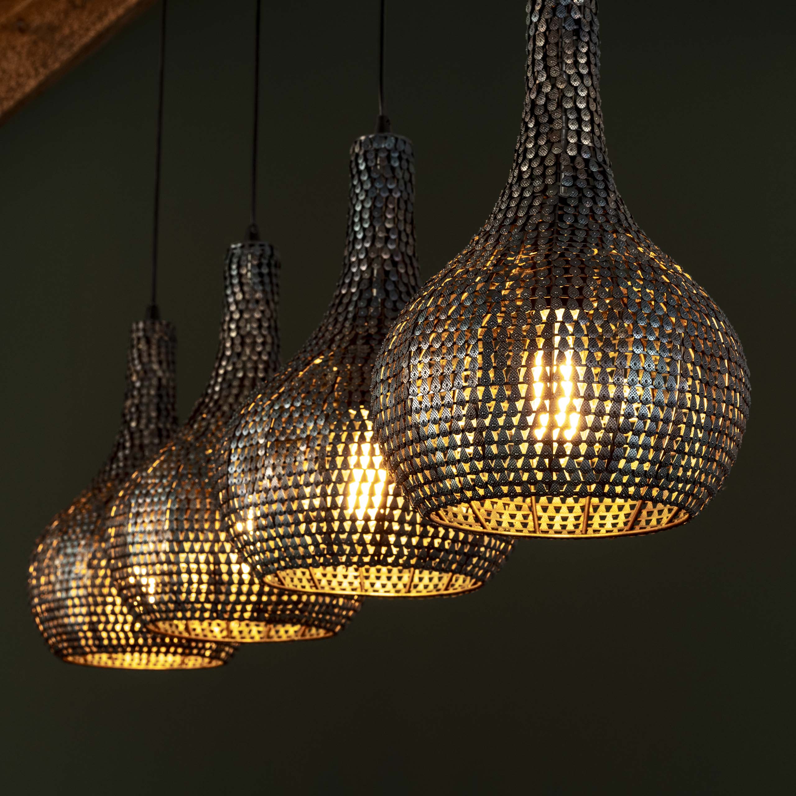 Pendant Lamp "Elviro" – With 4 Conical, Handcrafted Metal Lampshades in Black-Bronze