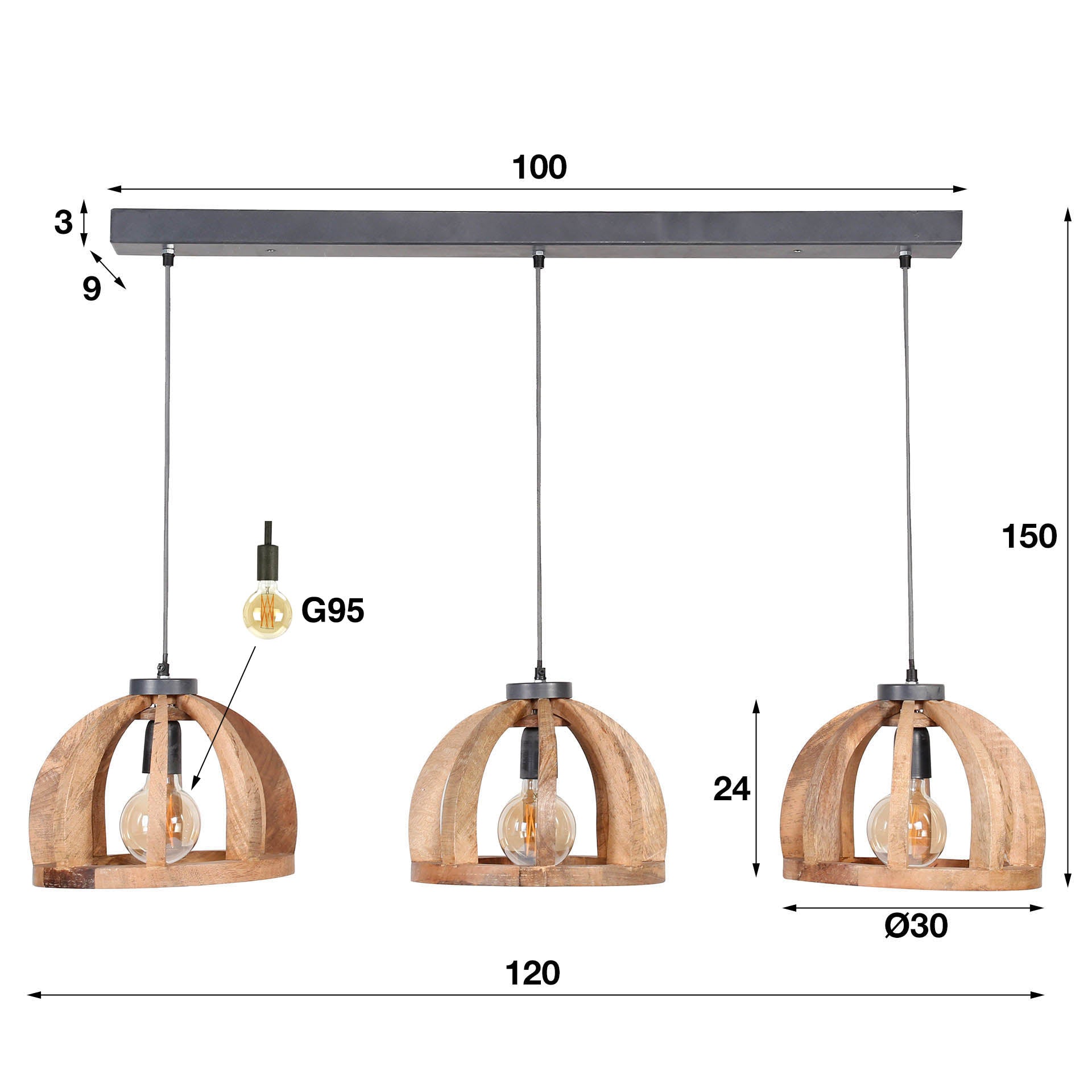 Pendant lamp Madero – 3 lights made of mango wood with natural radiance