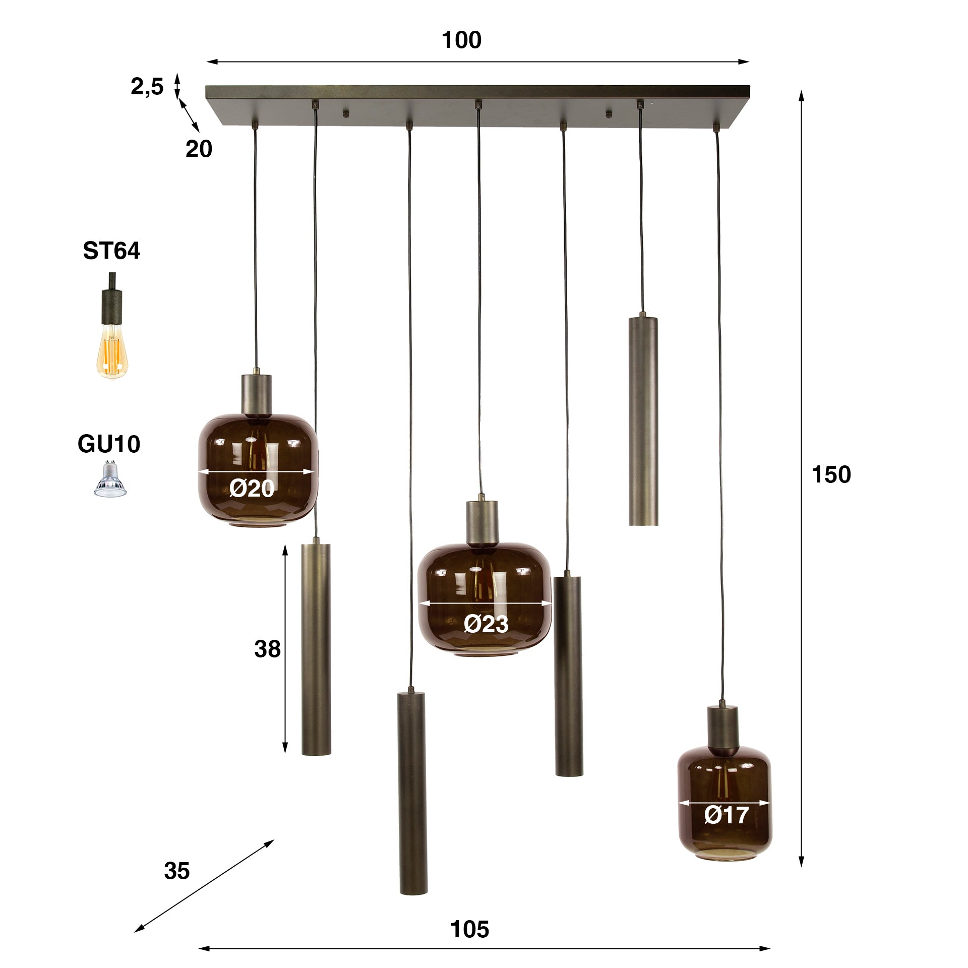Pendant lamp Sokka – 7 lights with metal and glass shades in Brown