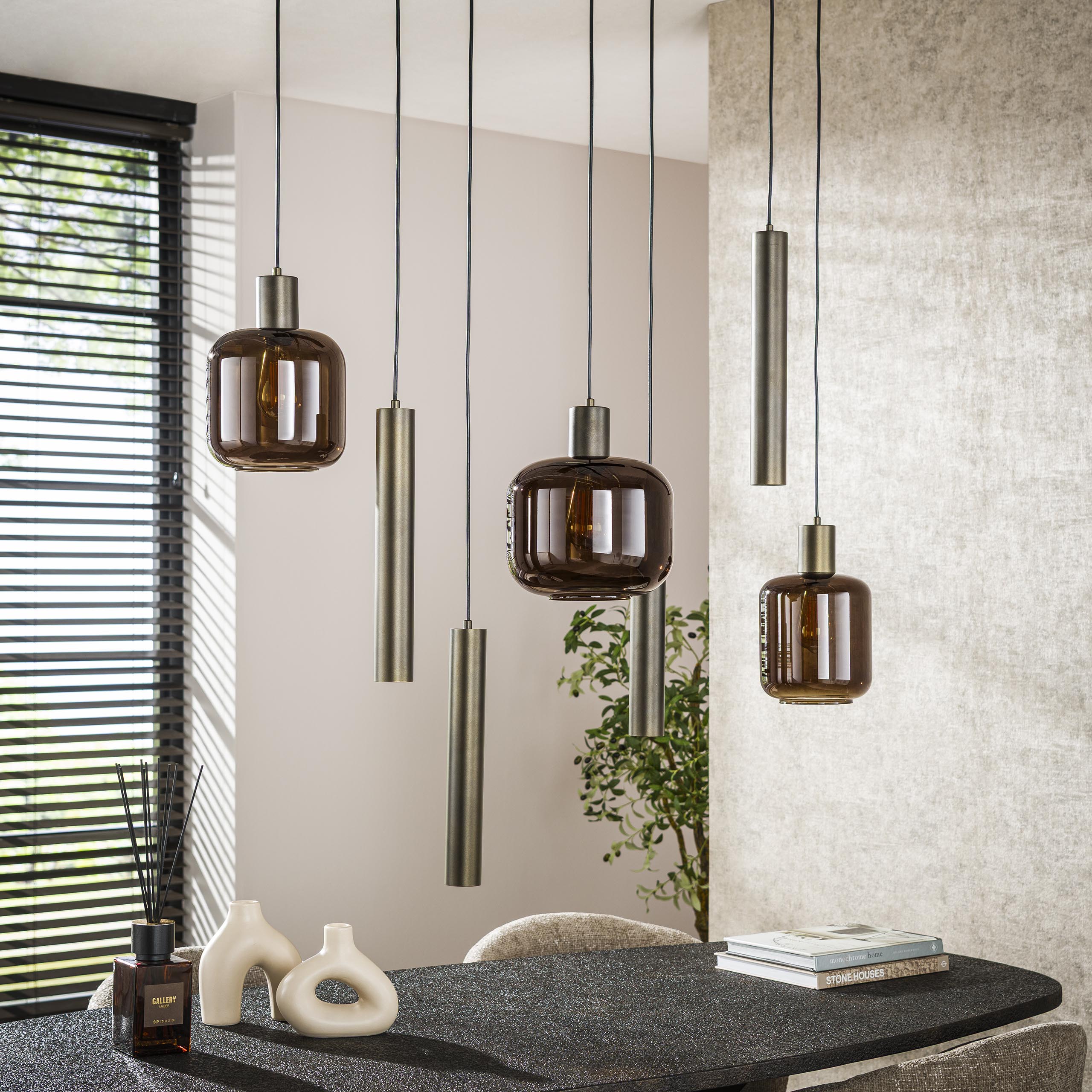 Pendant lamp Sokka – 7 lights with metal and glass shades in Brown