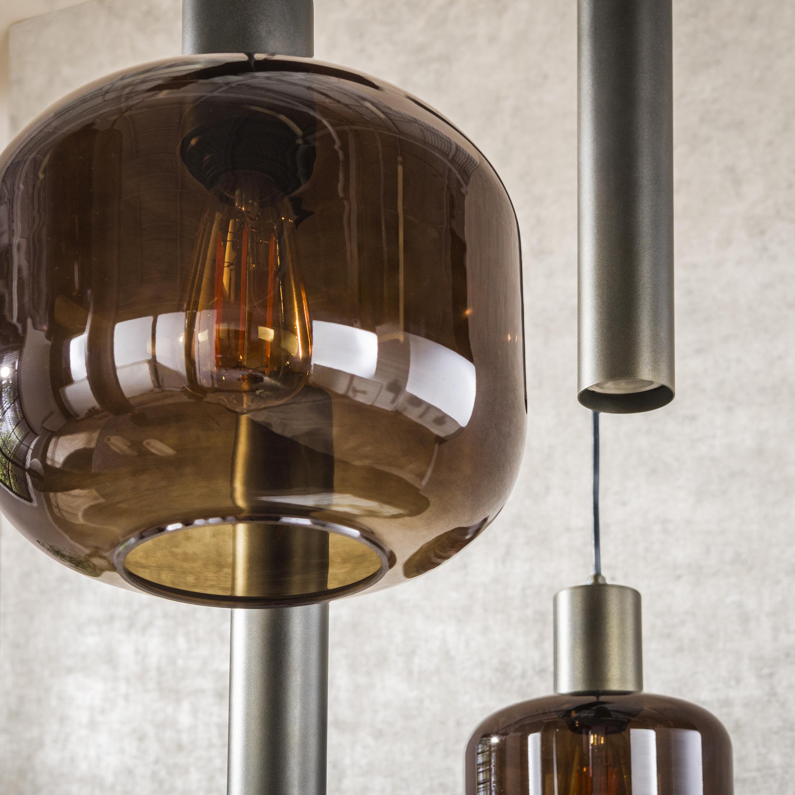 Pendant lamp Sokka – 7 lights with metal and glass shades in Brown