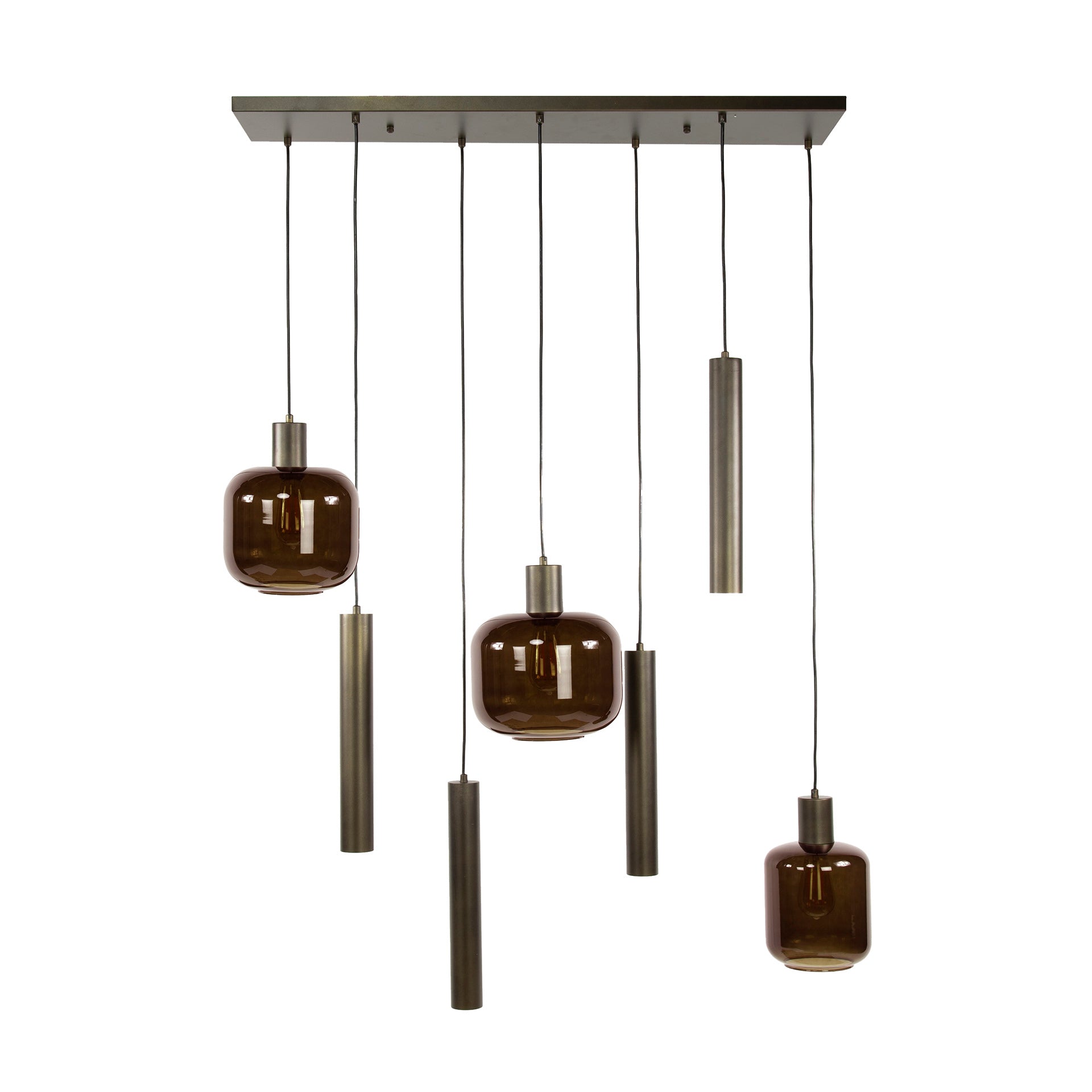 Pendant lamp Sokka – 7 lights with metal and glass shades in Brown