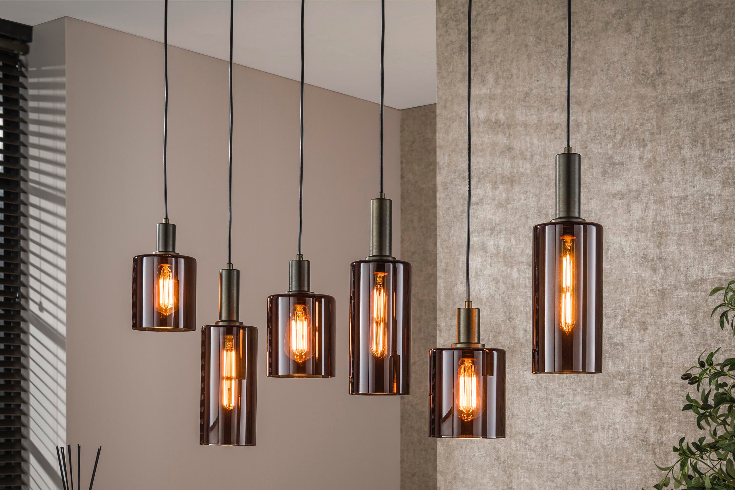 Pendant lamp Ayu – Cylindrical glass shades in Brown (6-light)