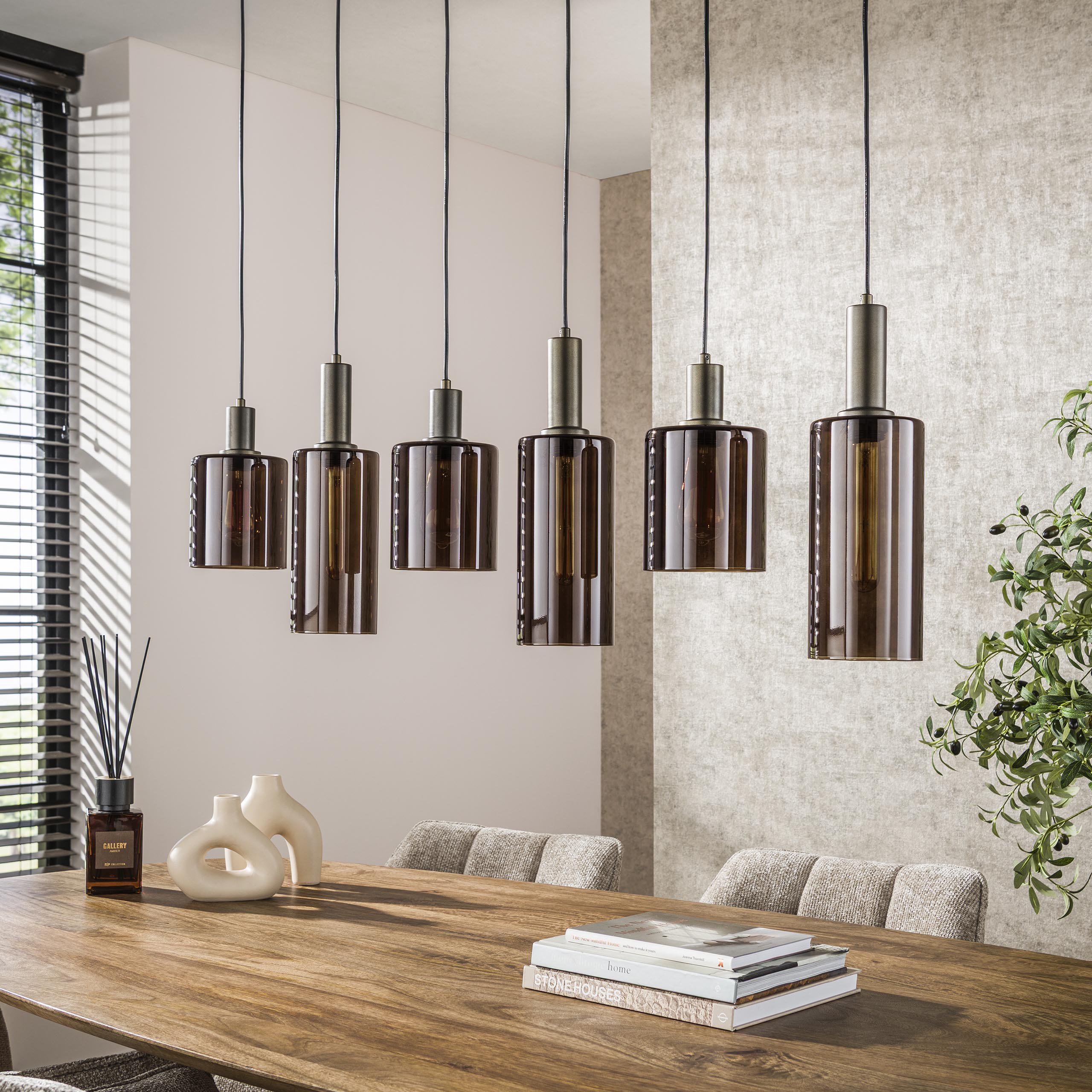 Pendant lamp Ayu – Cylindrical glass shades in Brown (6-light)