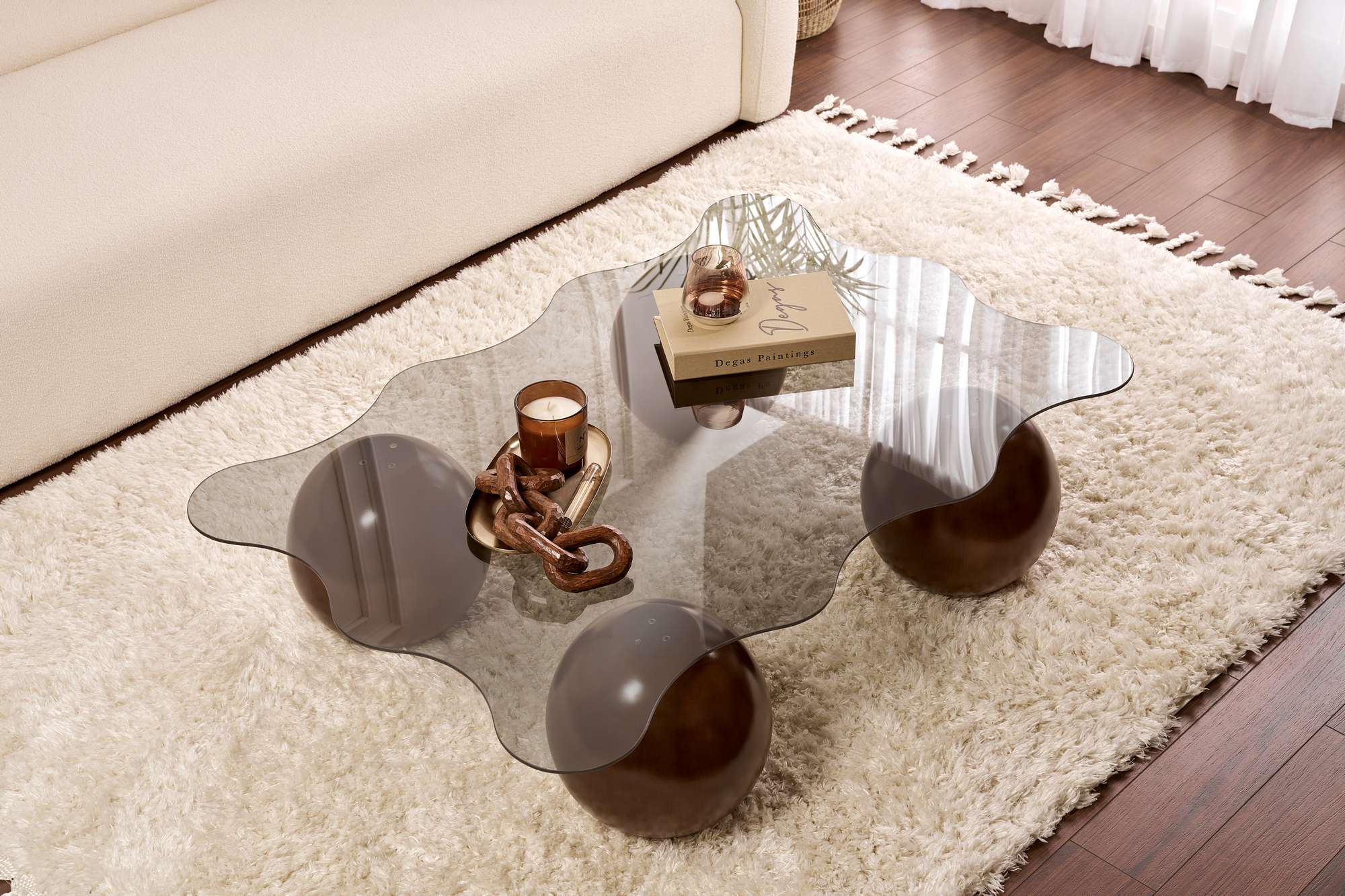 Coffee Table Trevano - Tempered Glass Tabletop with Wave Silhouette